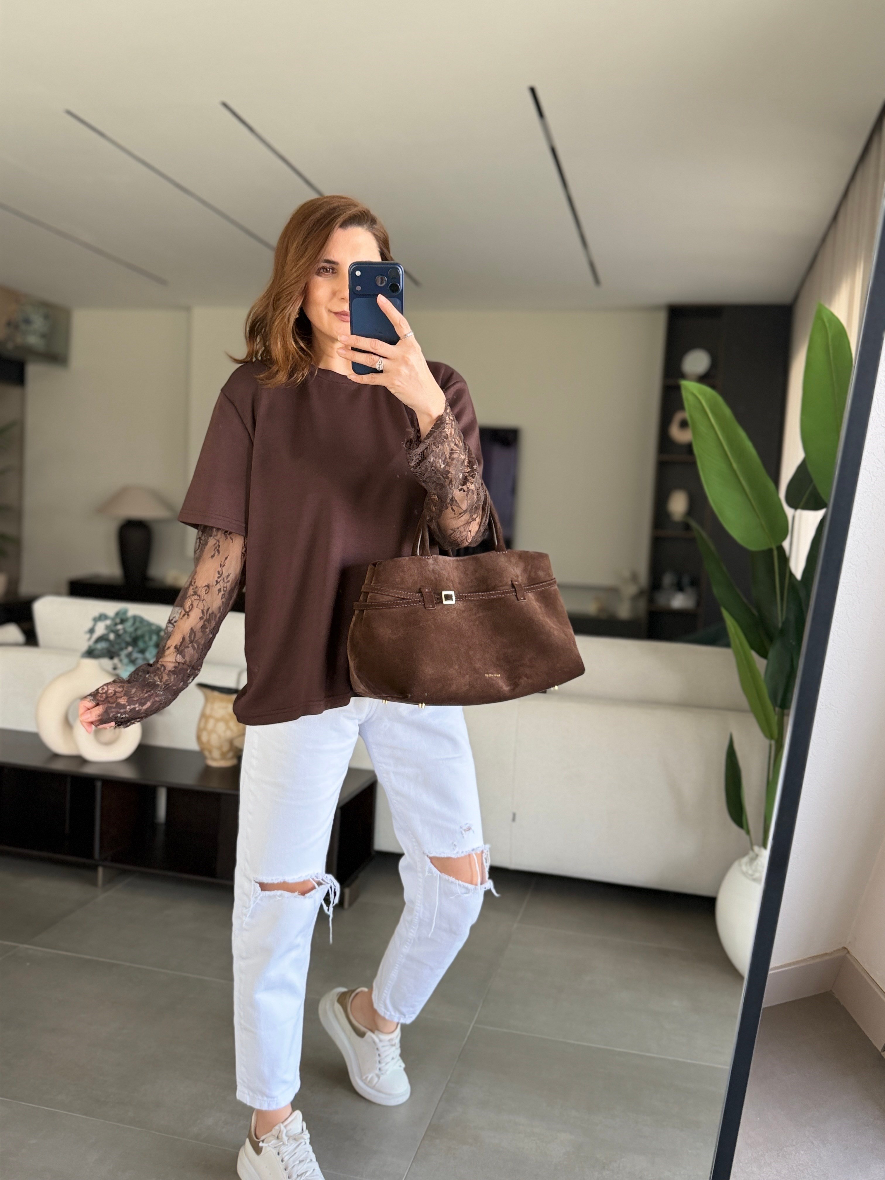 Acı Kahve Dantel Kol Bluz