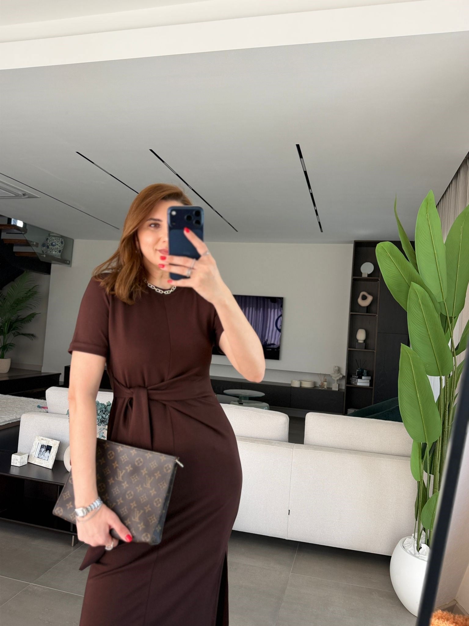 Acı Kahve Kısa Kol Bel Yandan Bağlamalı Elbise