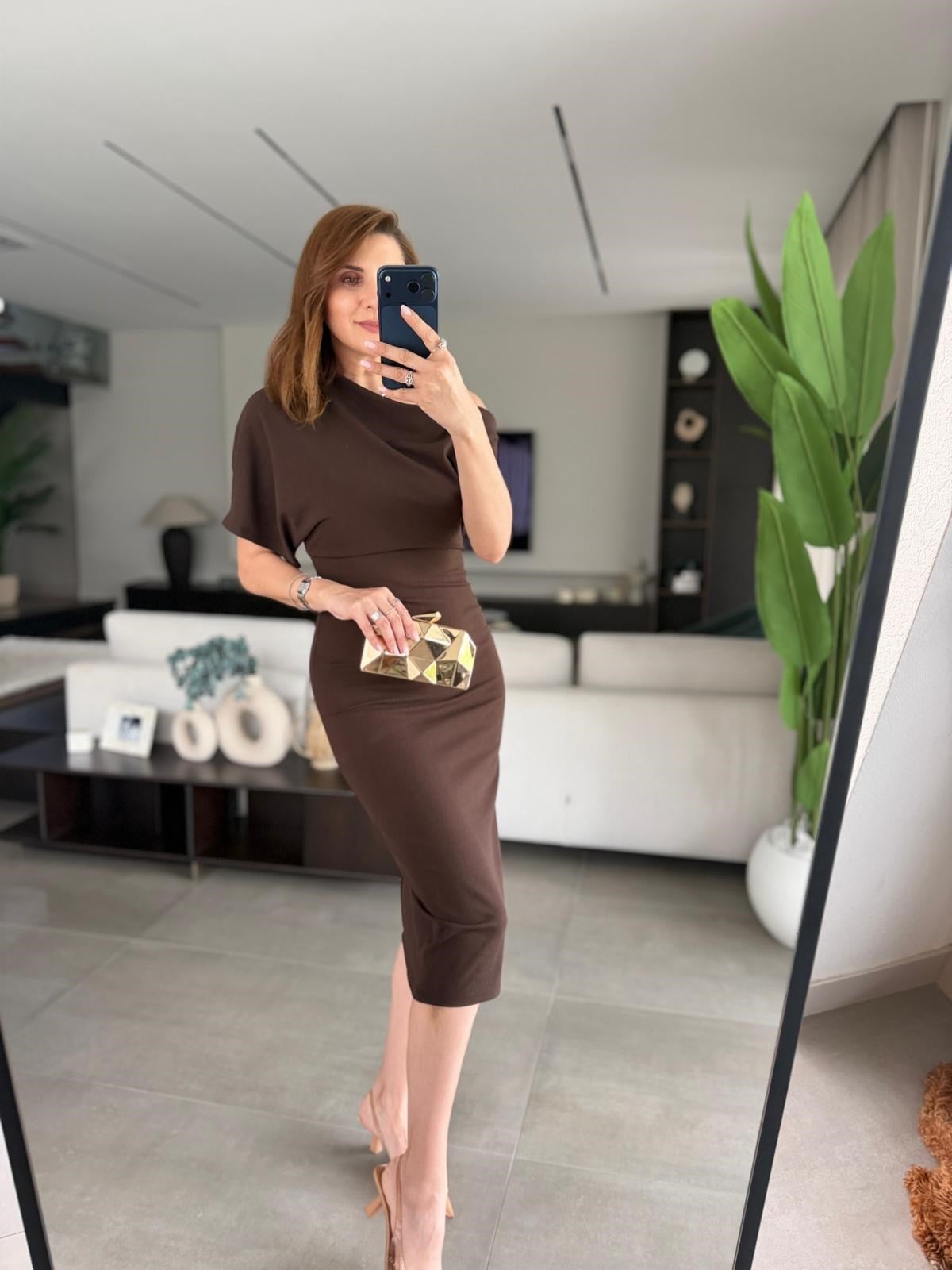 Acı Kahve Kısa Kollu Tek Omuz Midi Elbise