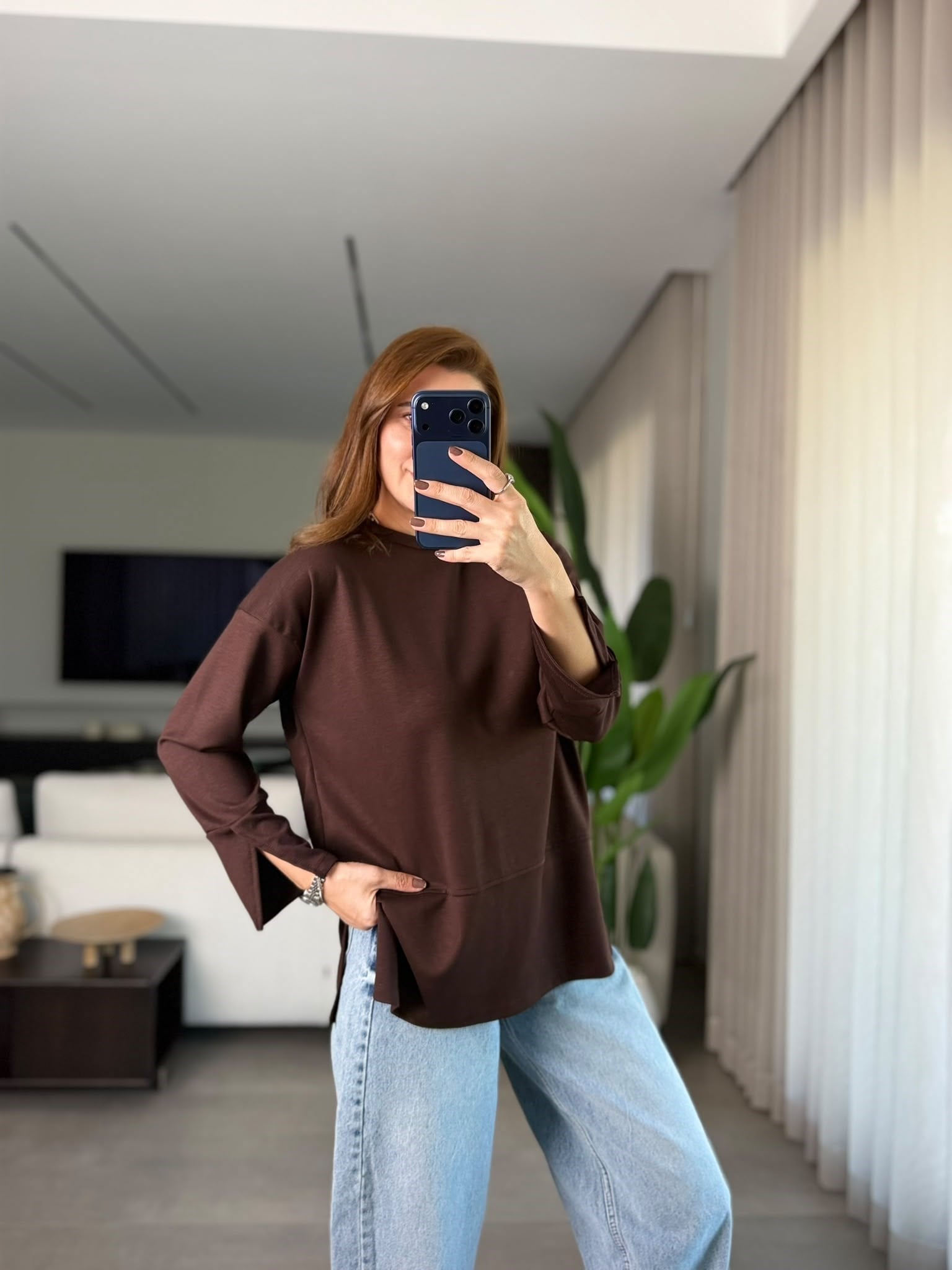 Acı Kahve Manşet Yırtmaçlı Sweatshırt