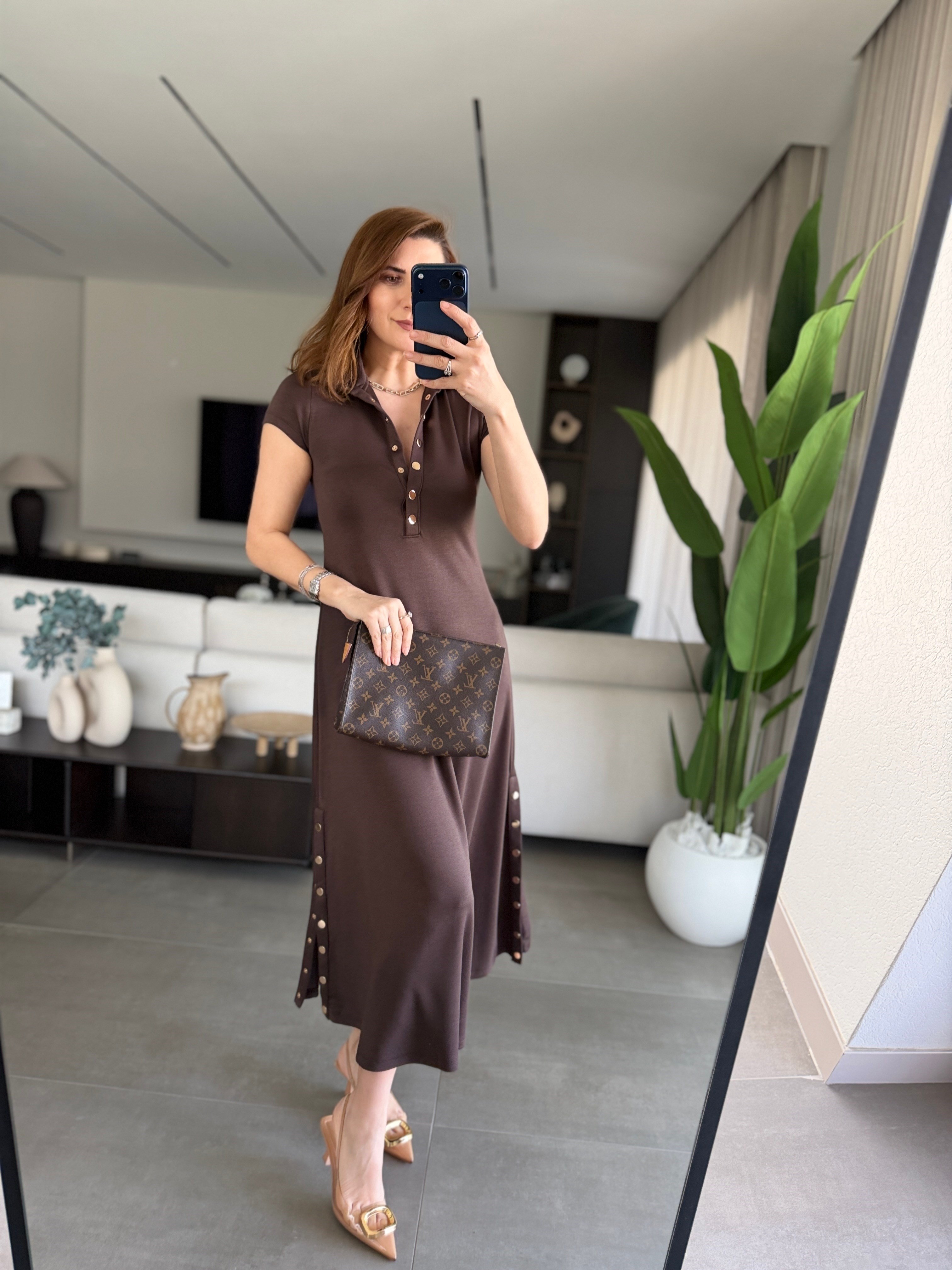 Acı Kahve Modal Çıtçıt Detaylı Elbise