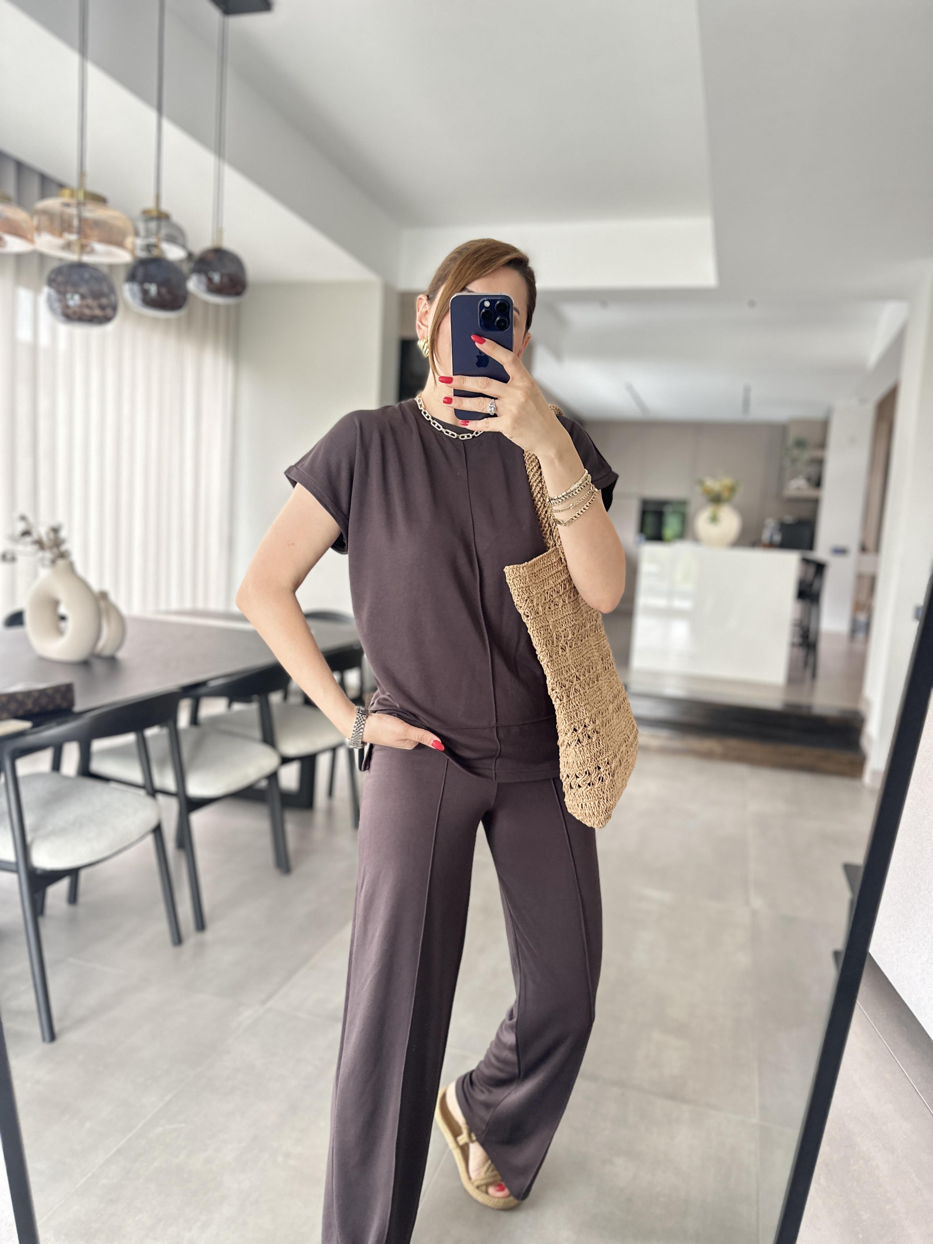 Acı Kahve Modal Kumaş Çımalı T-Shirt Pantolonlu Takım