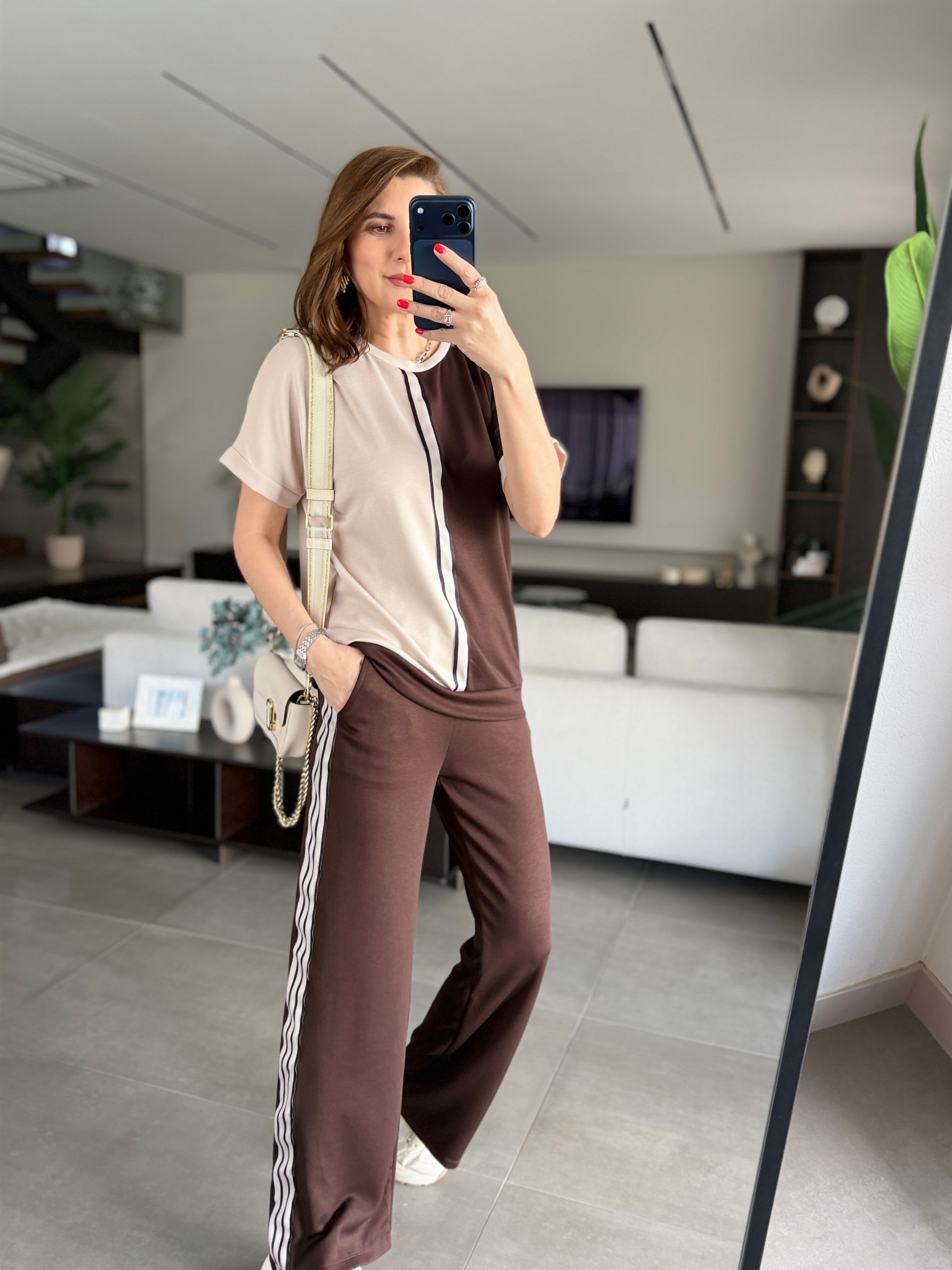 Acı Kahve Omuz Dekolte Şeritli Takım