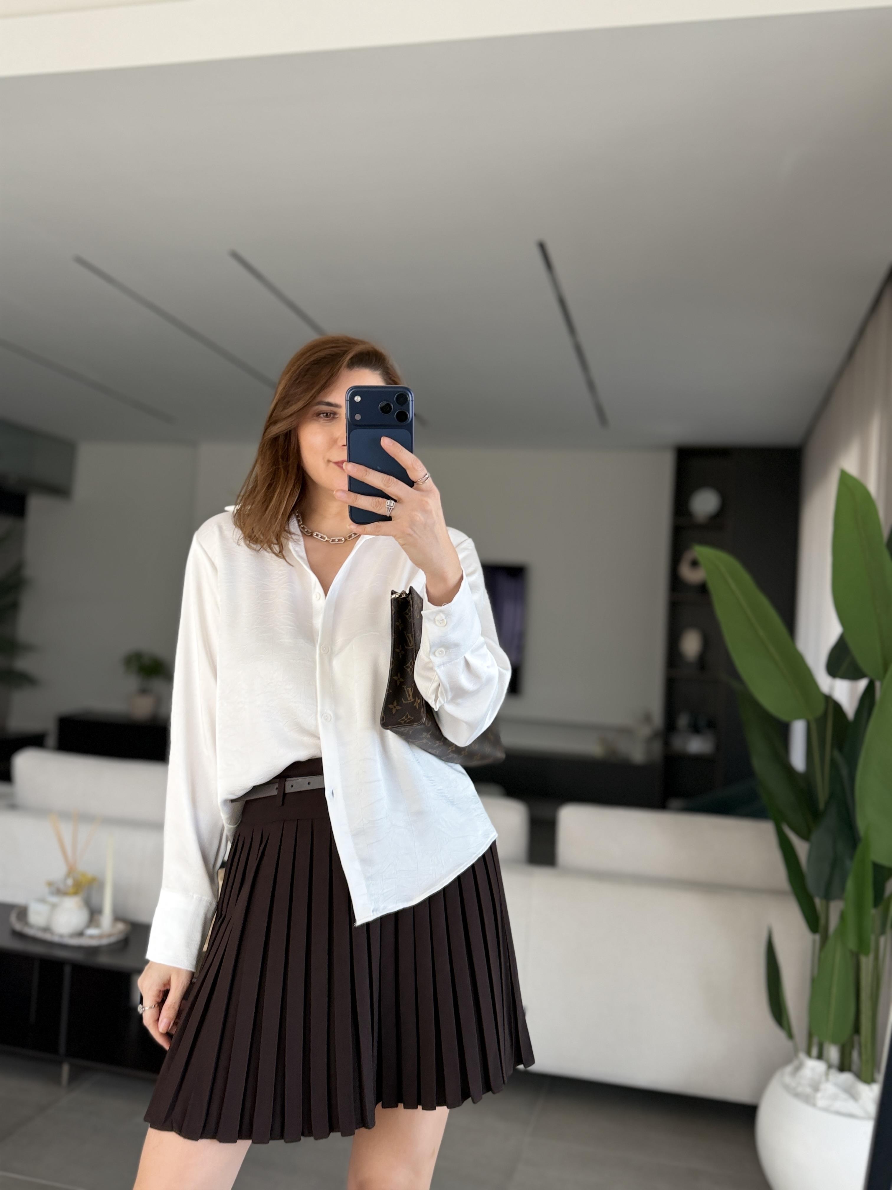 Acı Kahve Pileli Kemer Detay Şort Etek