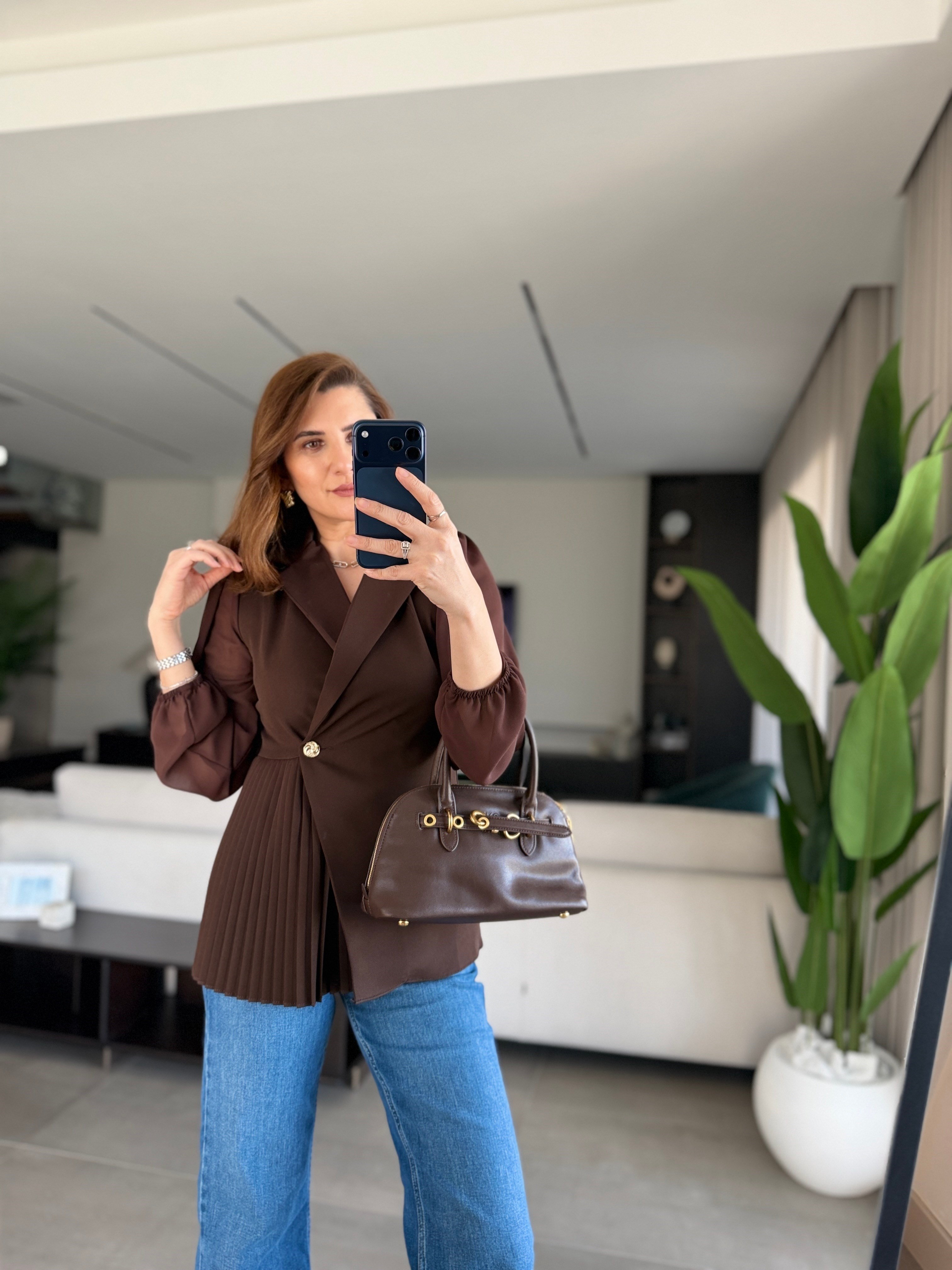 Acı Kahve Pilise Detaylı Şifon Kol Ceket