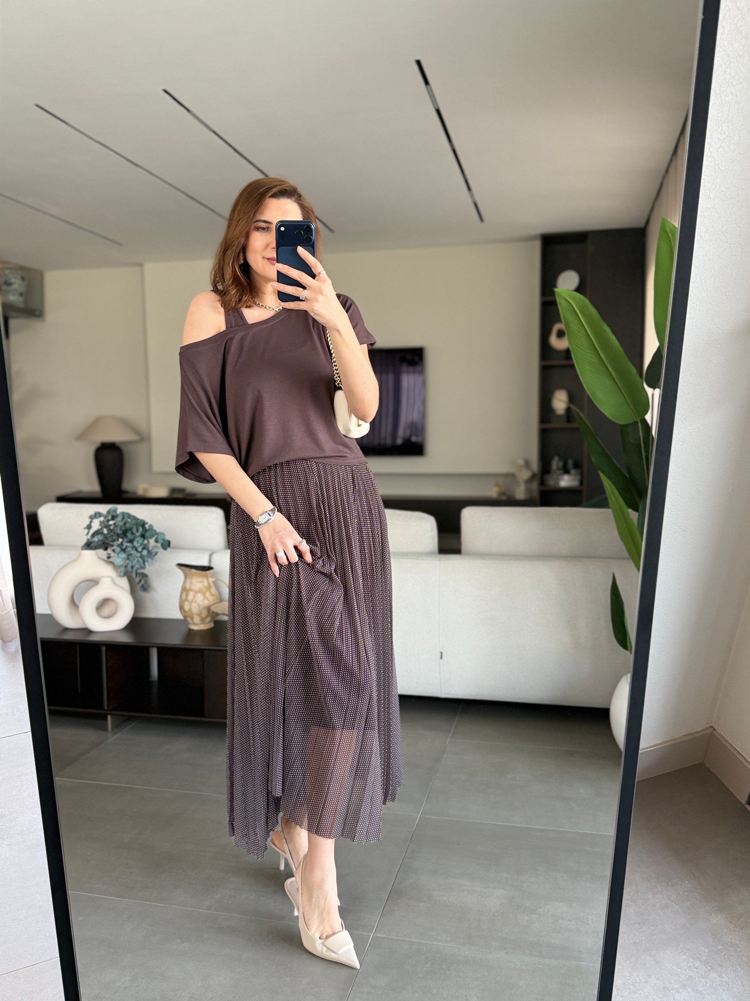 Acı Kahve Puantiye Piliseli İkili Elbise