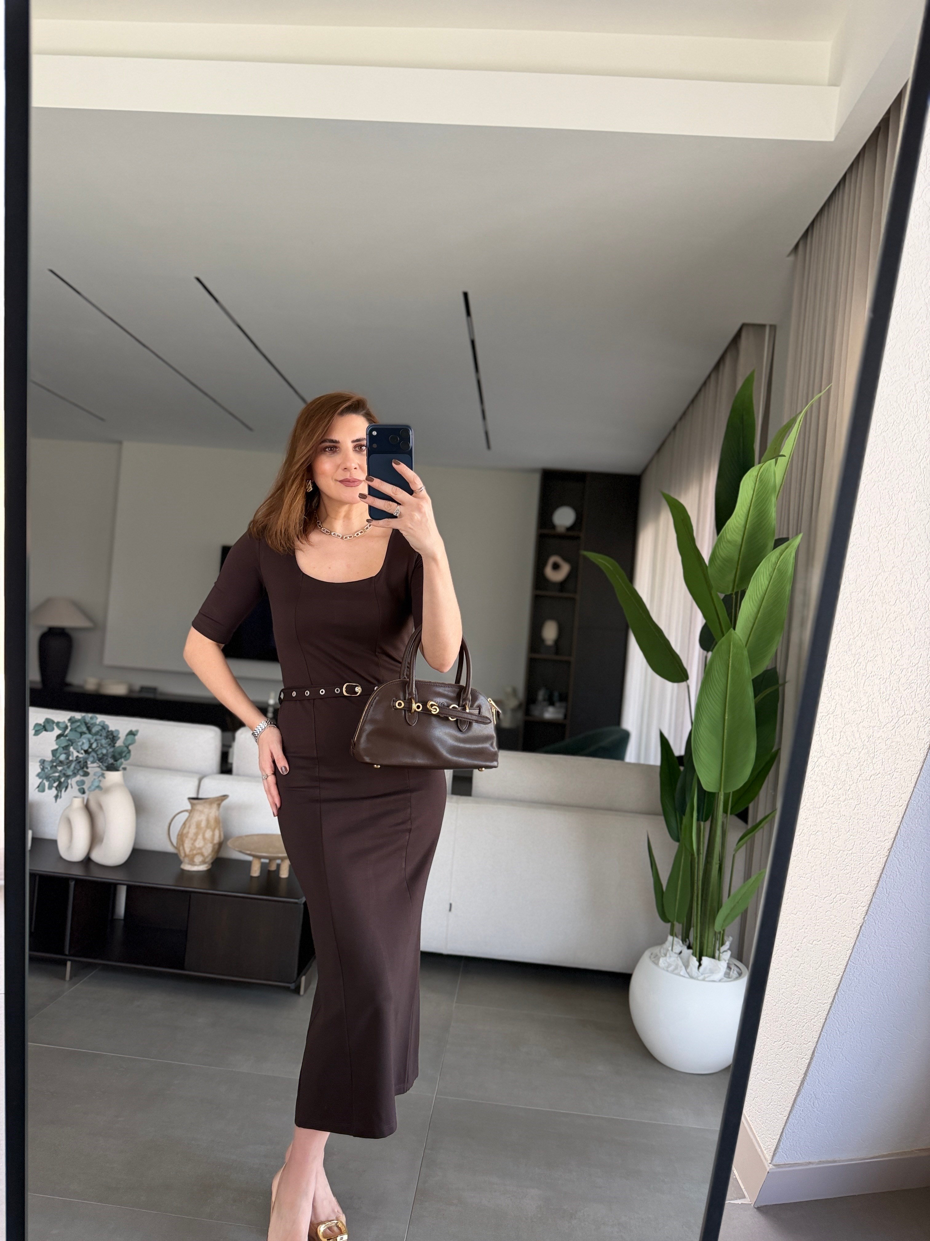 Acı Kahve Punto Roma Kemerli Elbise