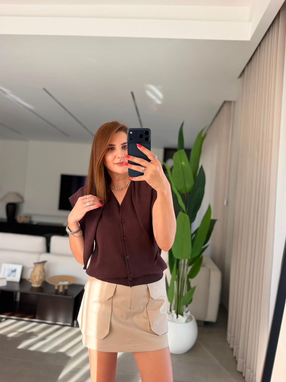 Acı Kahve Şal Detaylı Önü Düğmeli Bluz