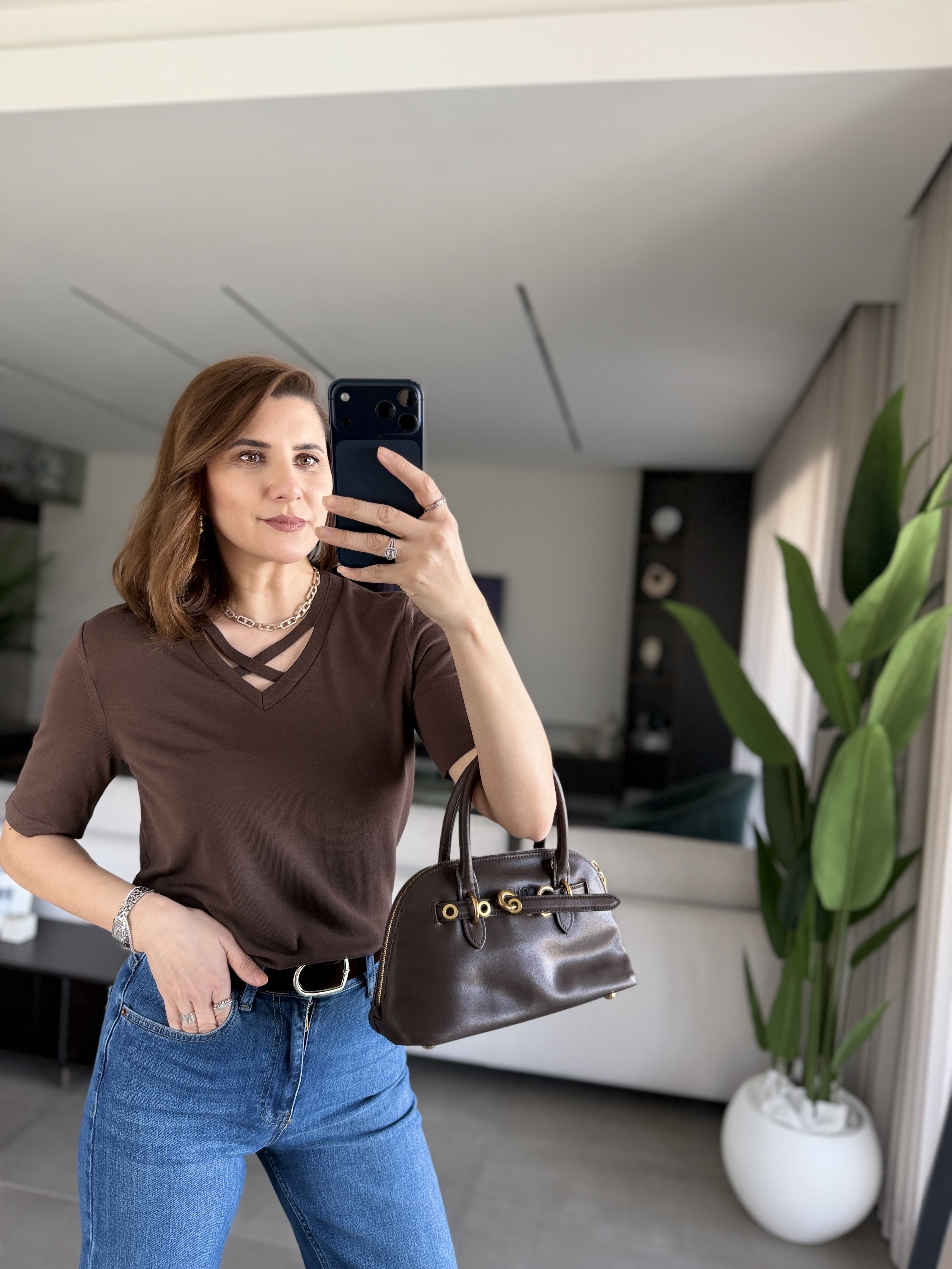 Acı Kahve V Yaka Çapraz Detaylı Triko Bluz