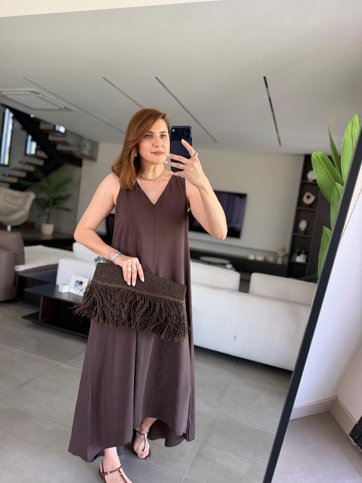 Acı Kahve V Yaka Kolsuz Modal Cupra Elbise