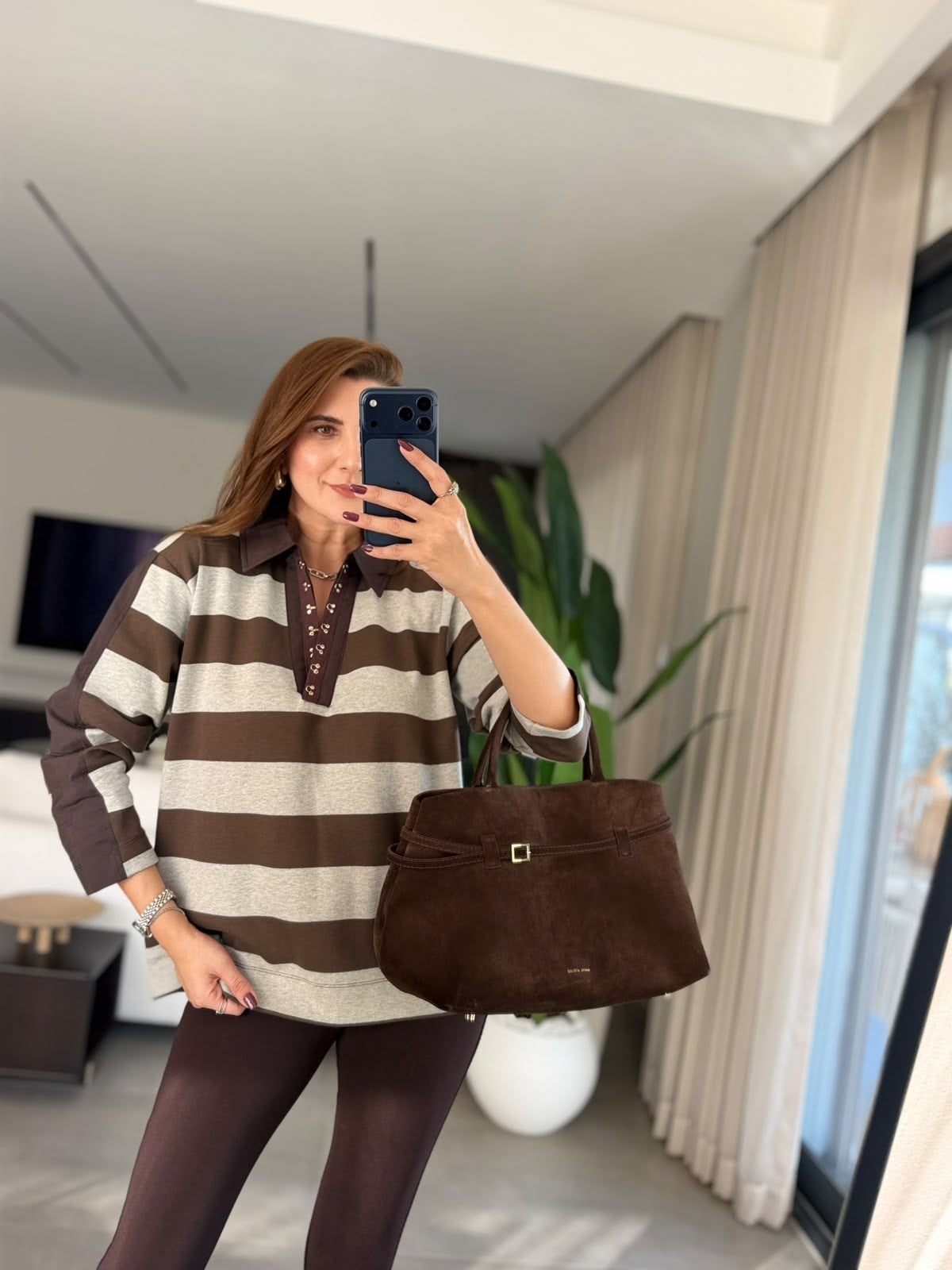 Acı Kahve Yaka Manşet Çizgili Sweatshırt