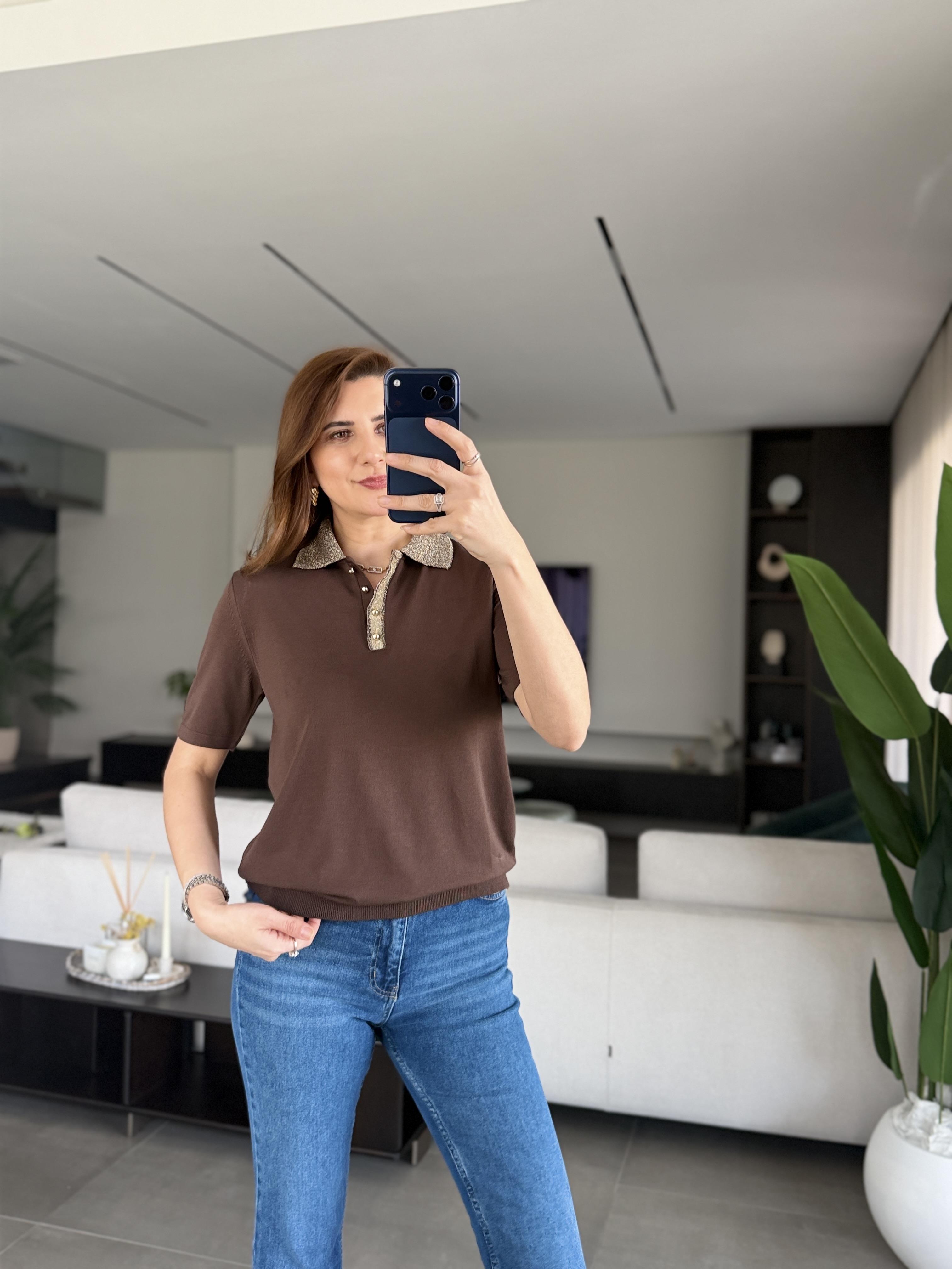 Acı Kahve  Yaka Sim Detay Düğmeli Bluz