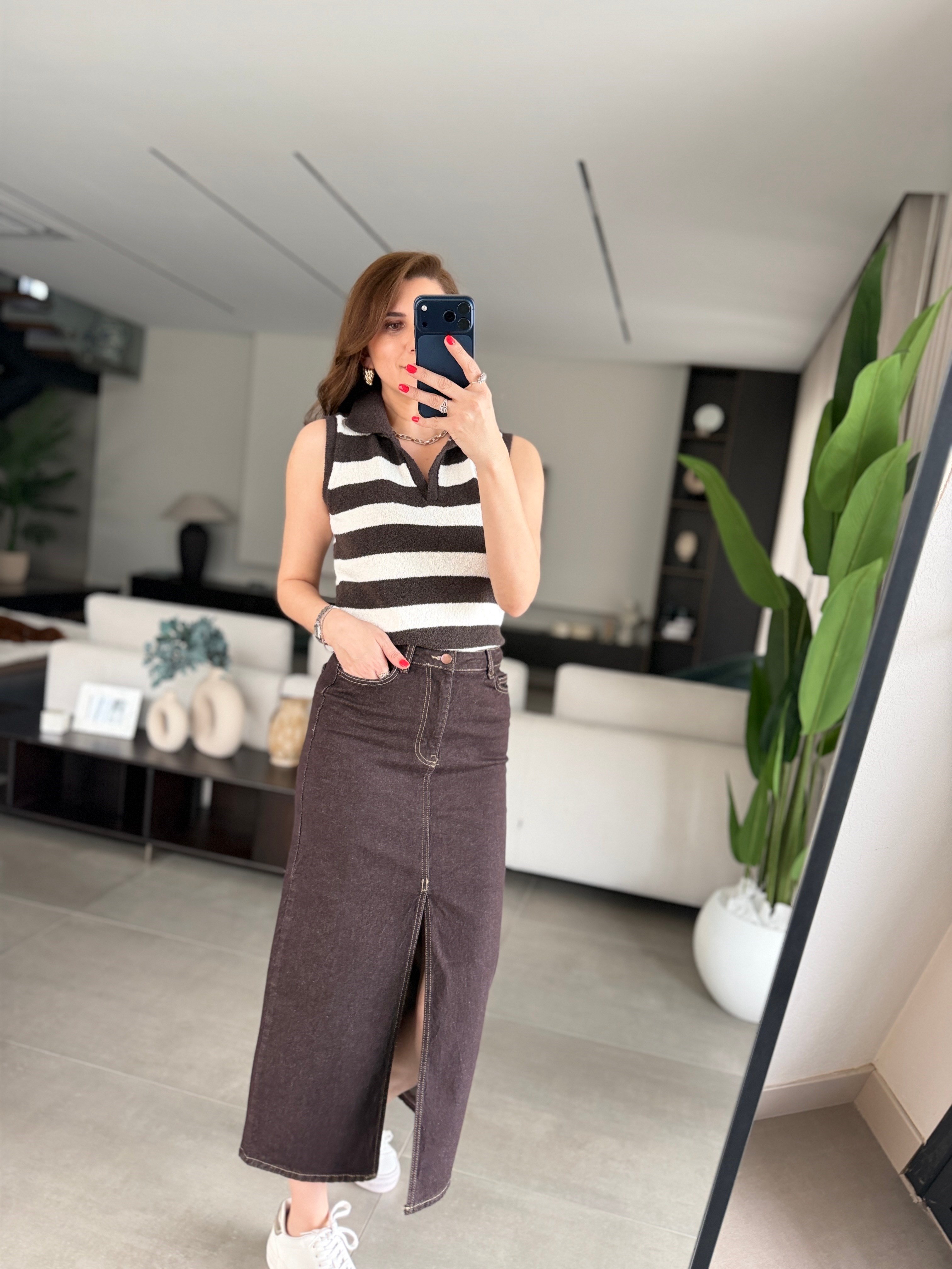 Acı Kahve Yırtmaçlı Denim Etek