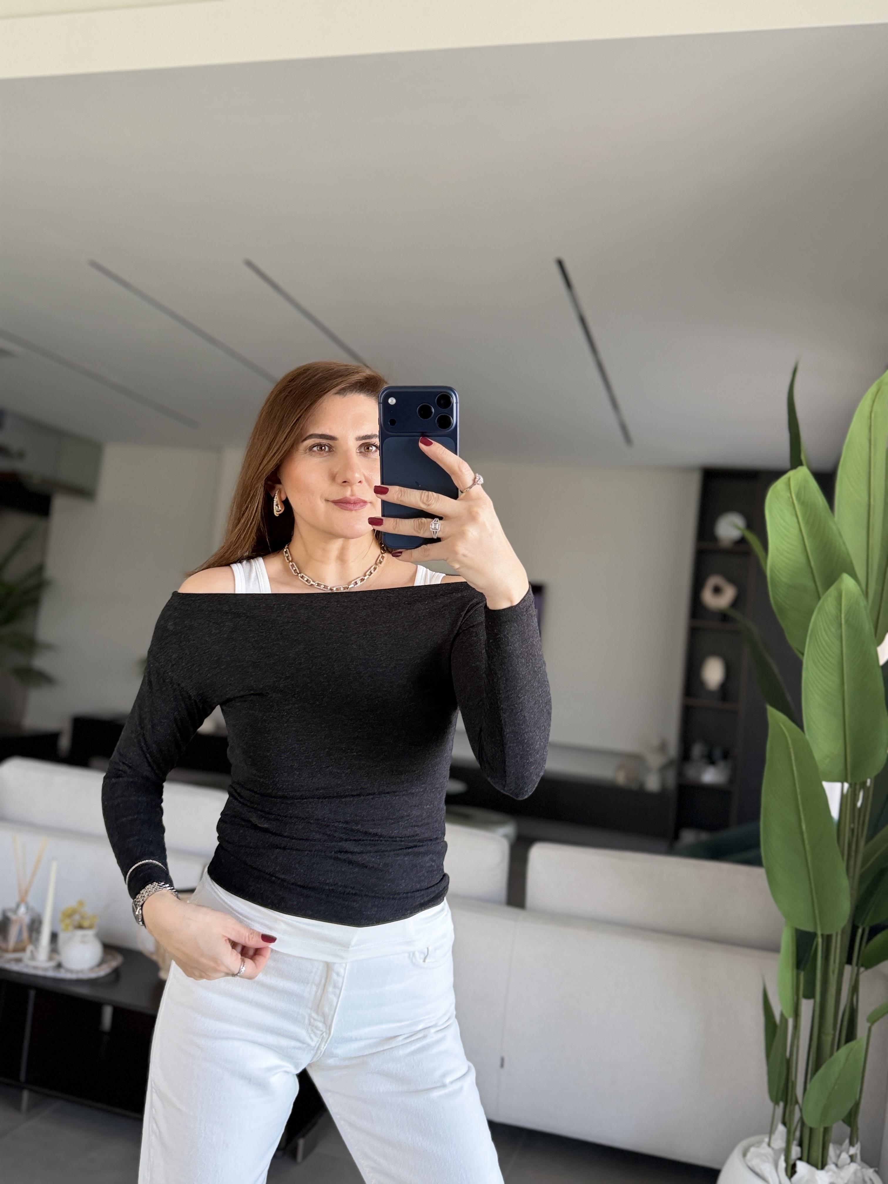 Antrasit Kayık Yaka Atletli Bluz