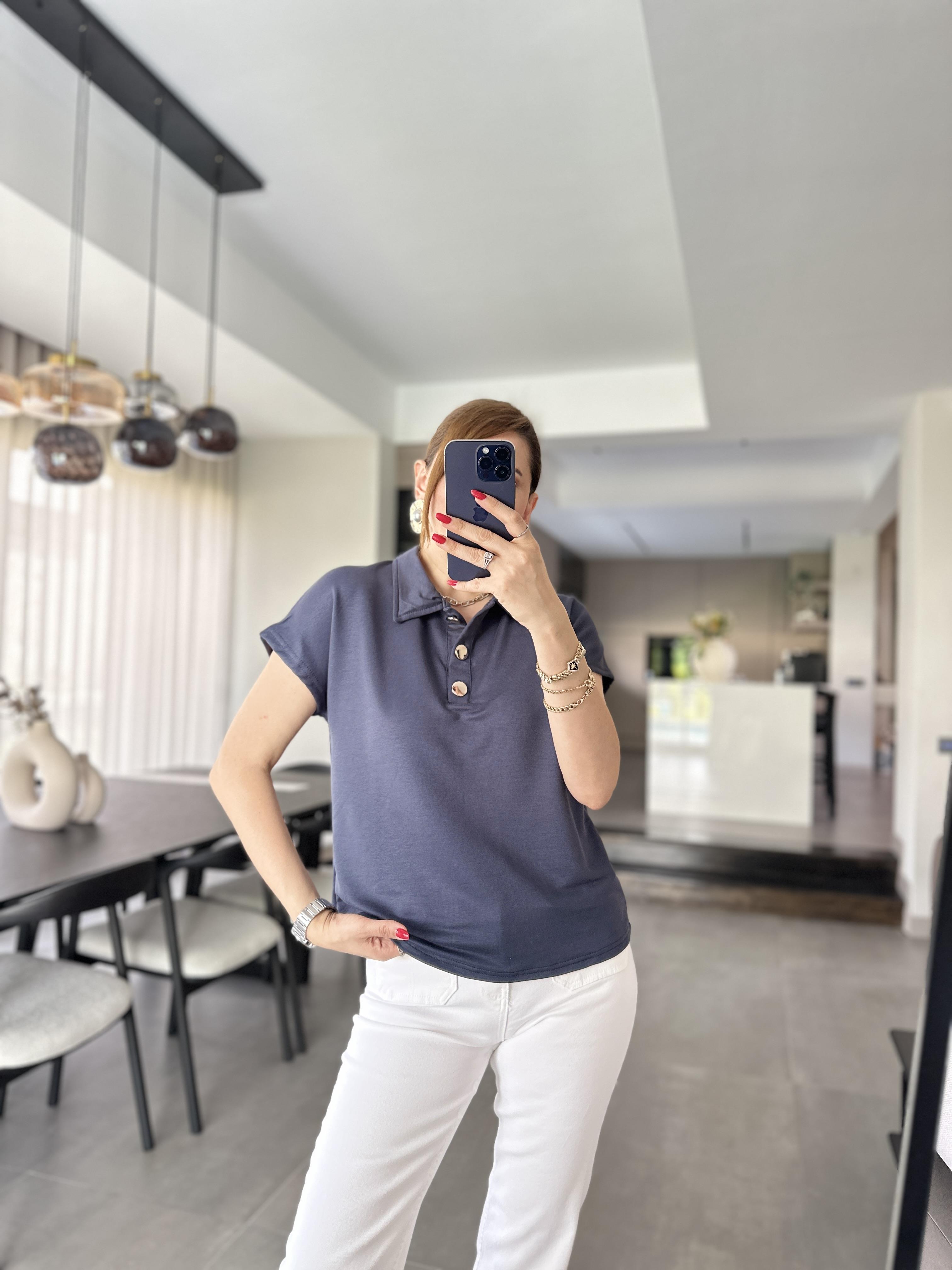 Antrasit Polo Yaka Gold Düğmeli T-shirt