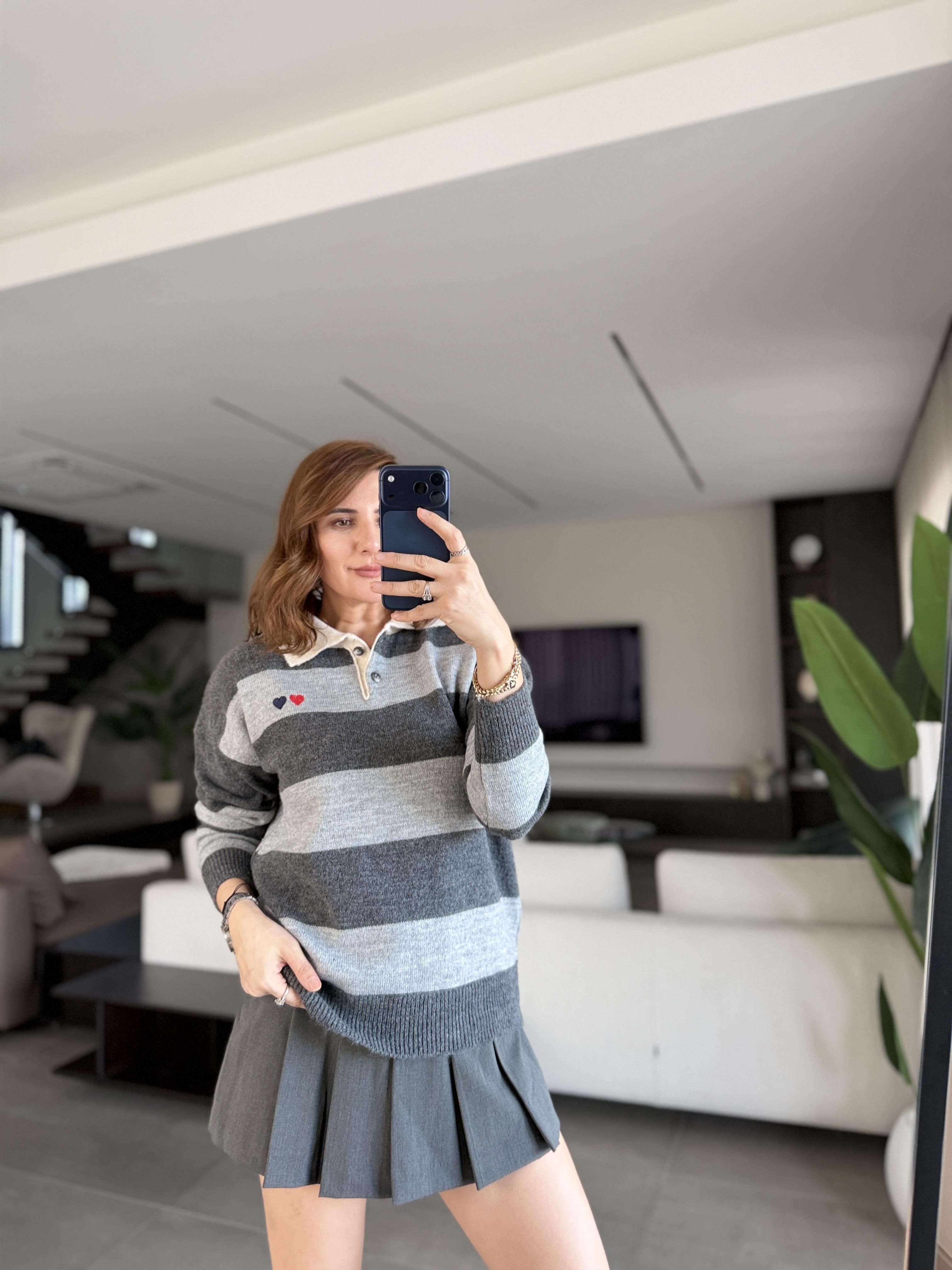 Antrasit Polo Yaka Kalın Çizgili Kazak