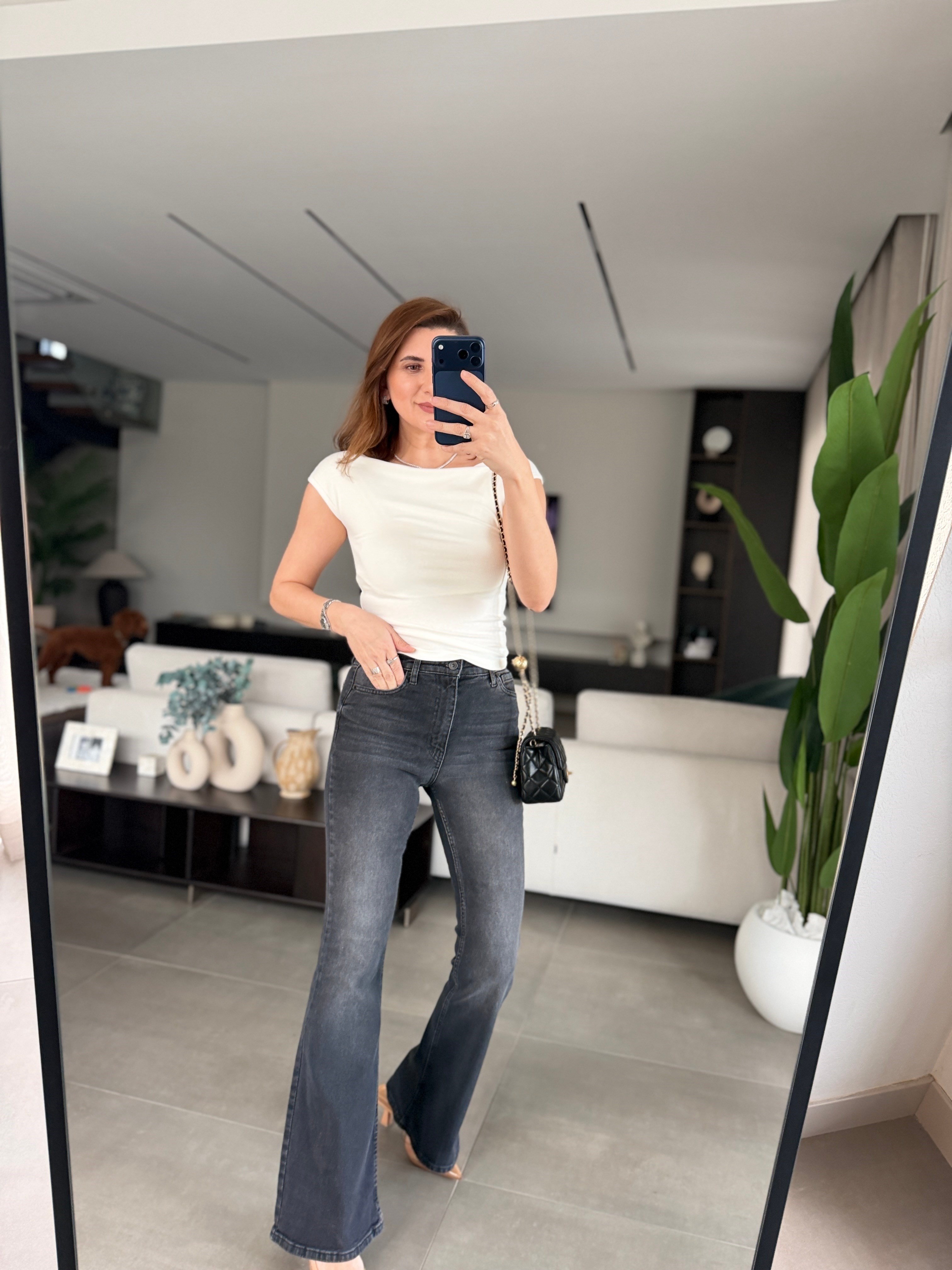 Antrasit Yüksek Bel İspanyol Paça Jean