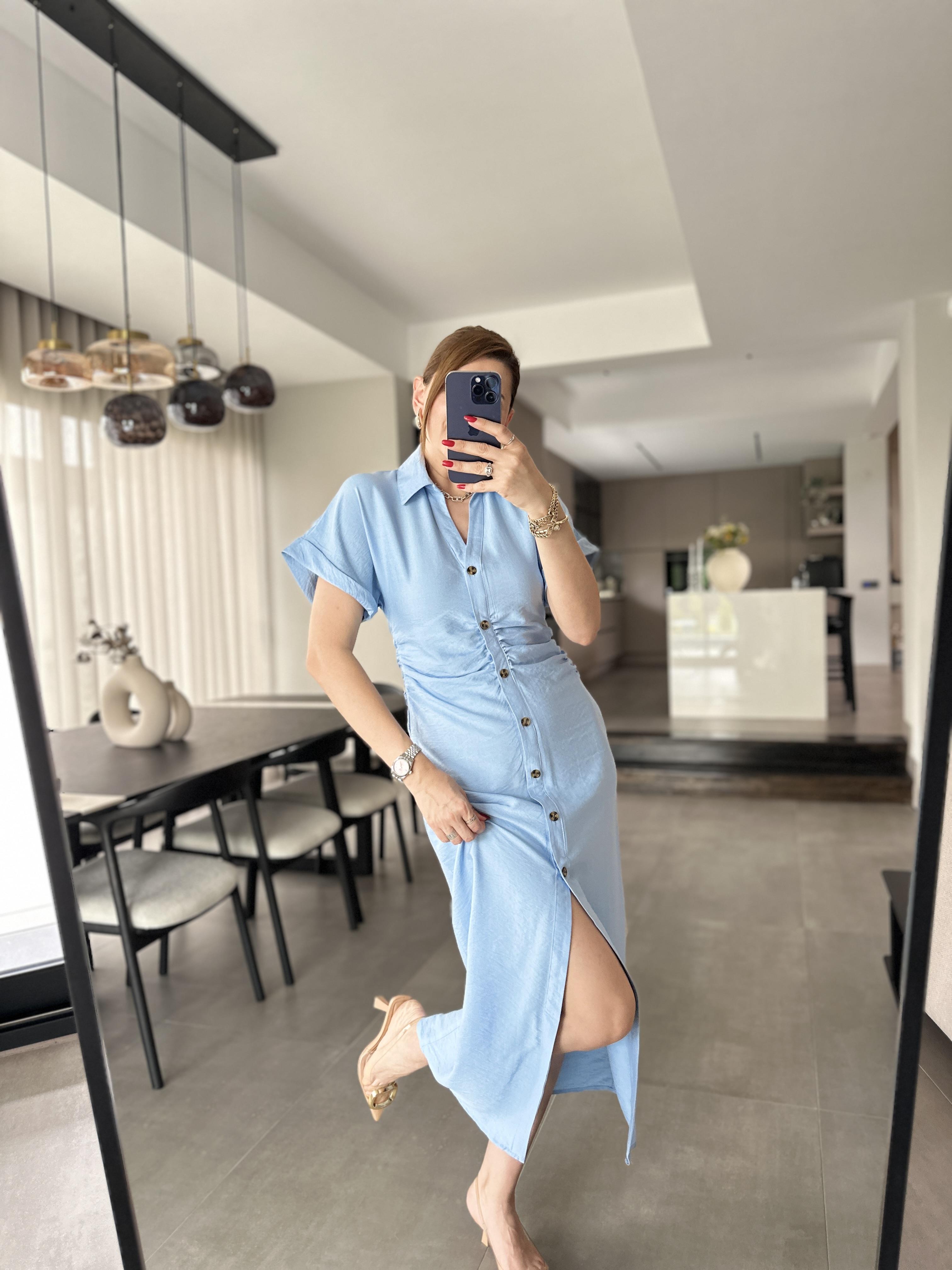 Bebe Mavi Bel Büzgülü Keten Gömlek Elbise