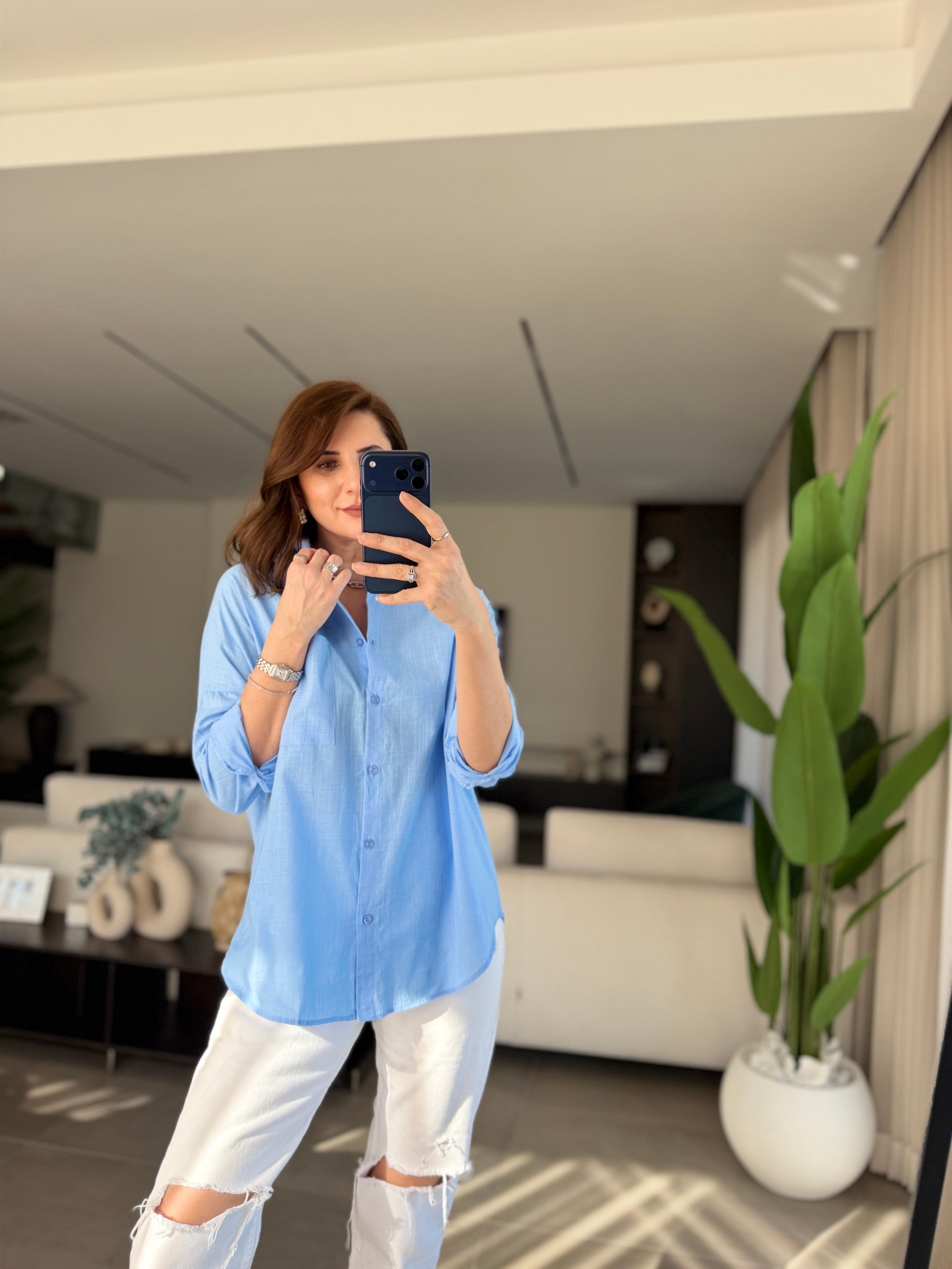 Bebemavi Keten Tek Cep Oversize Gömlek