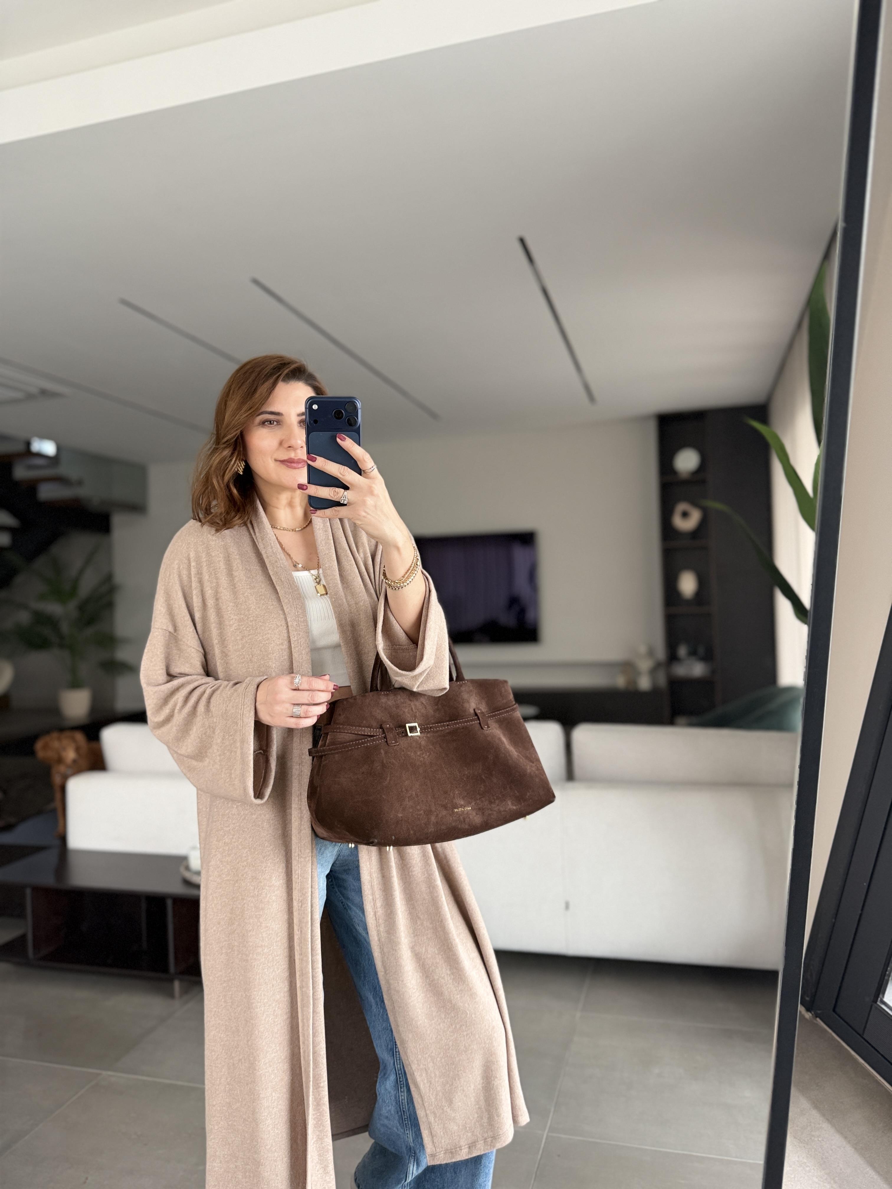 Bej Düşük Omuz Şal Yaka Hırka