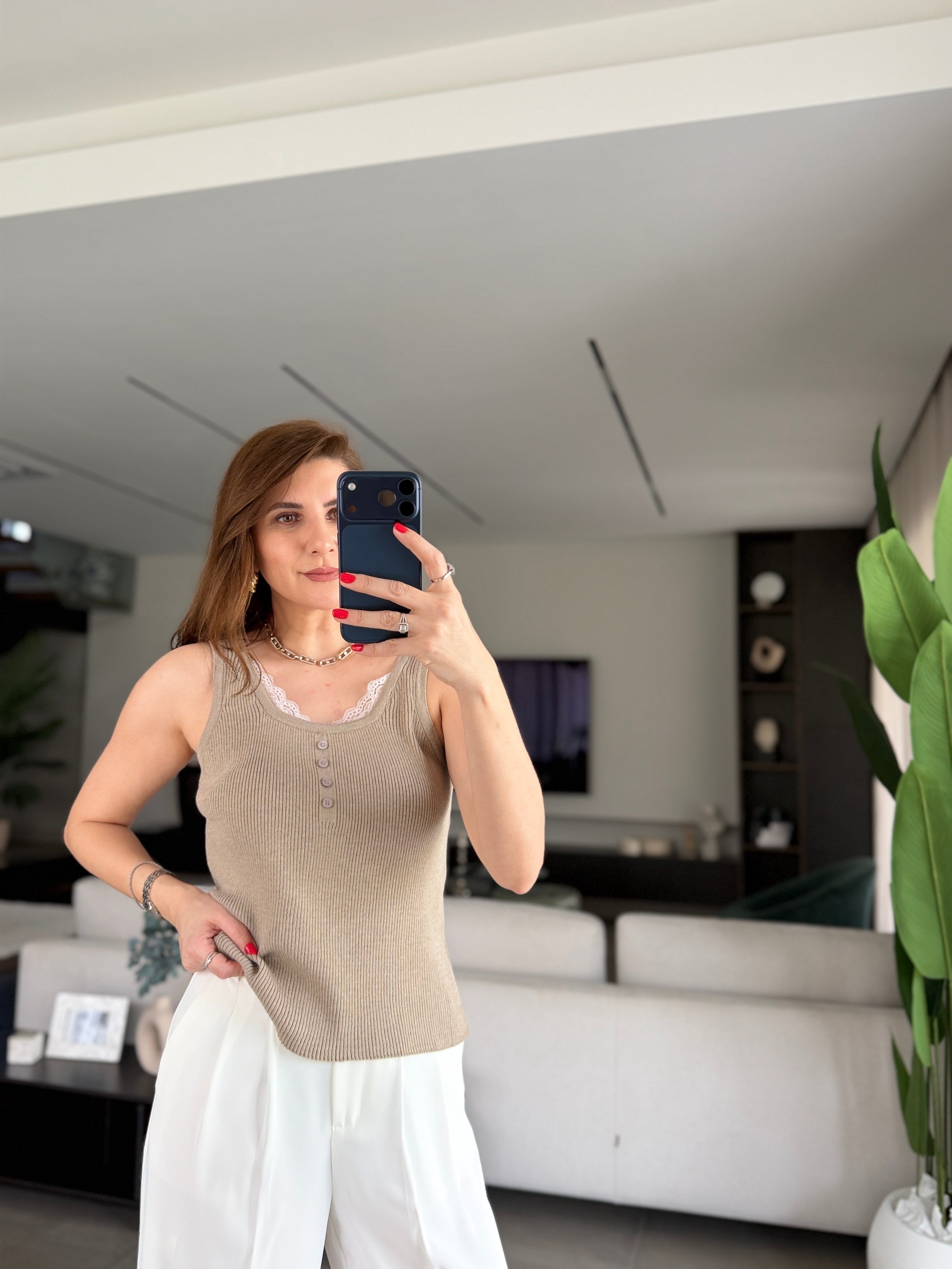 Bej Fitilli Yaka Dantel Detay Atlet