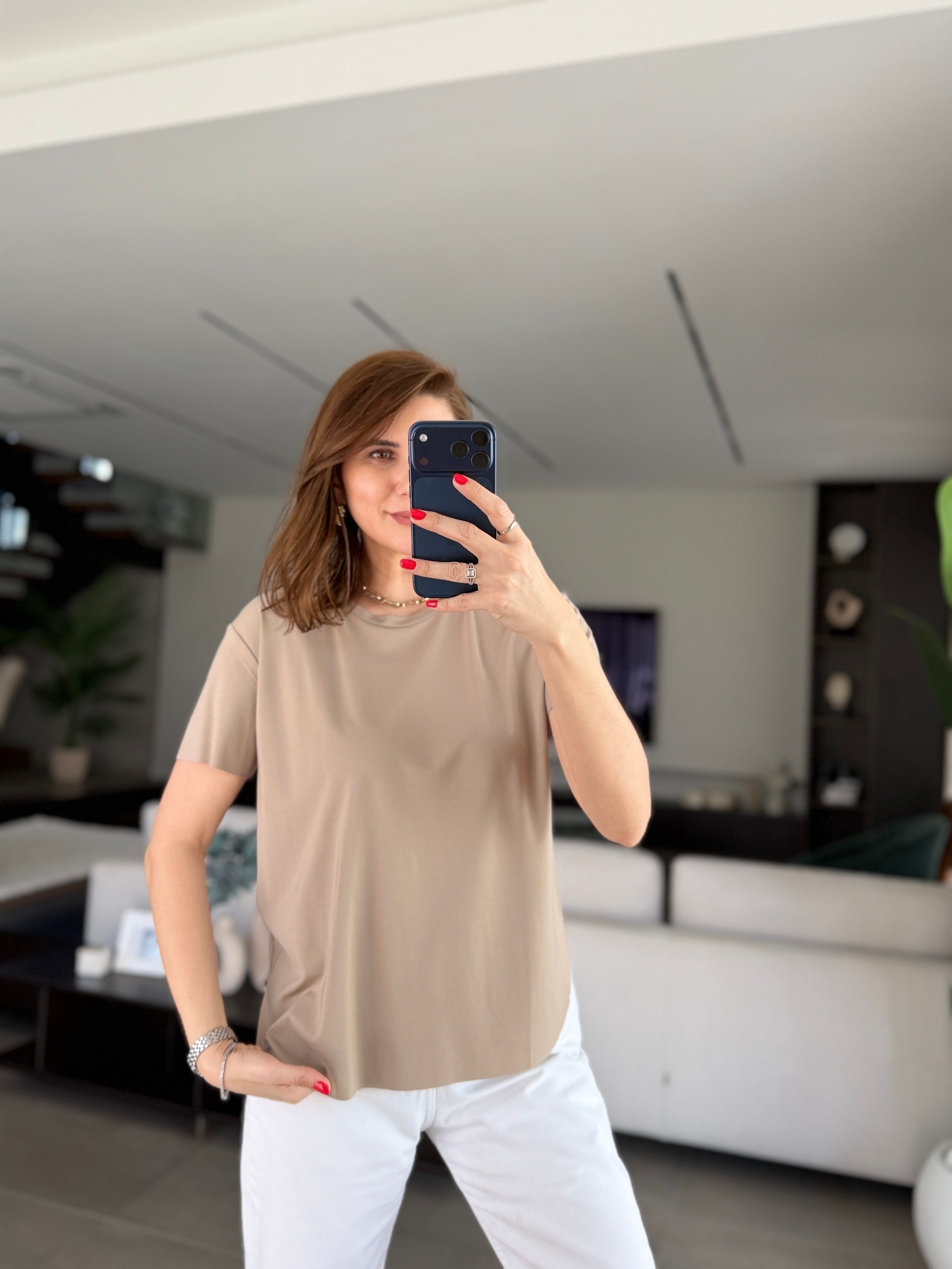 Bej Lazer Kesim Basic T-shirt