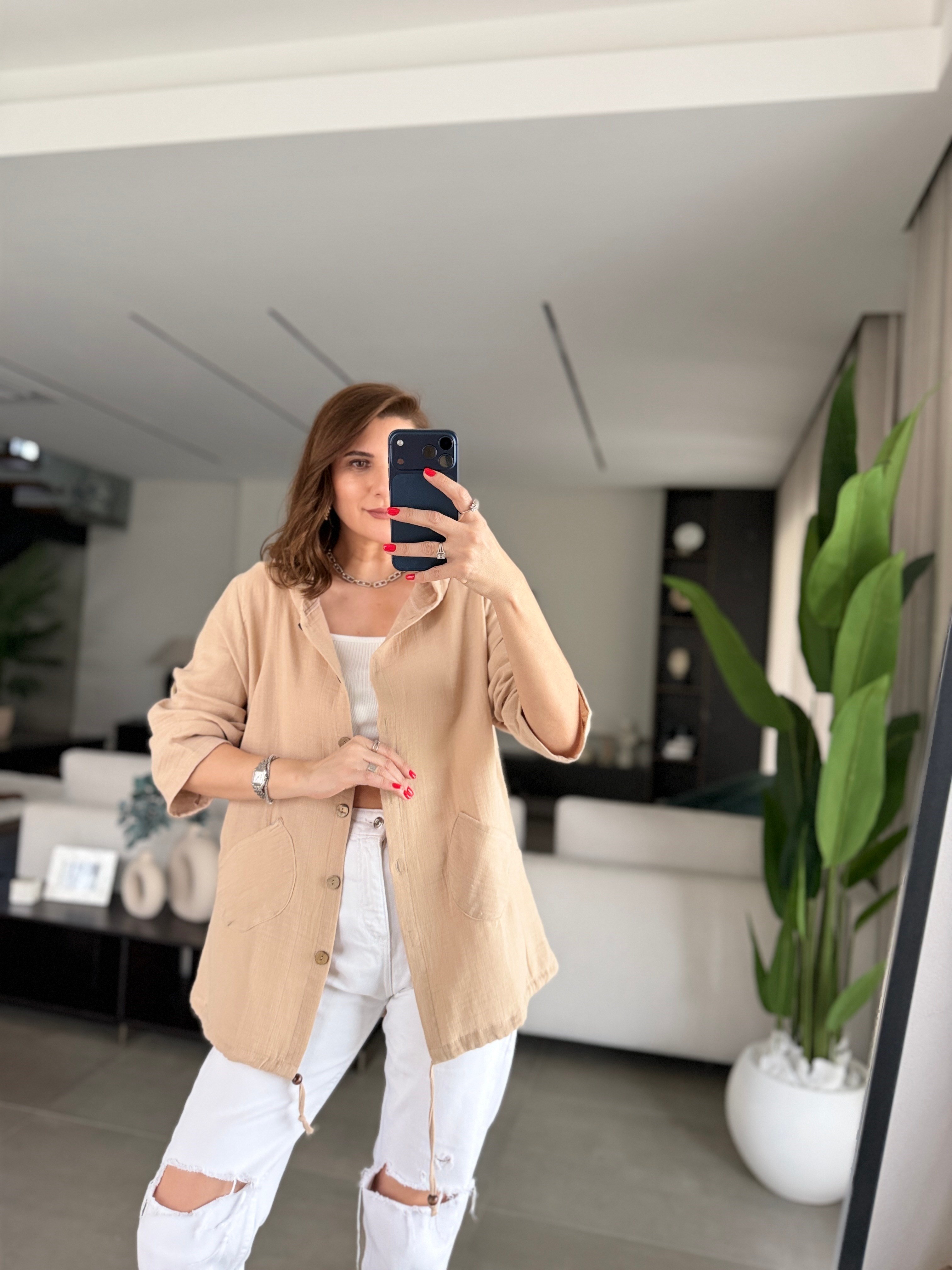 Bej Müslin Kapşonlu Ceket