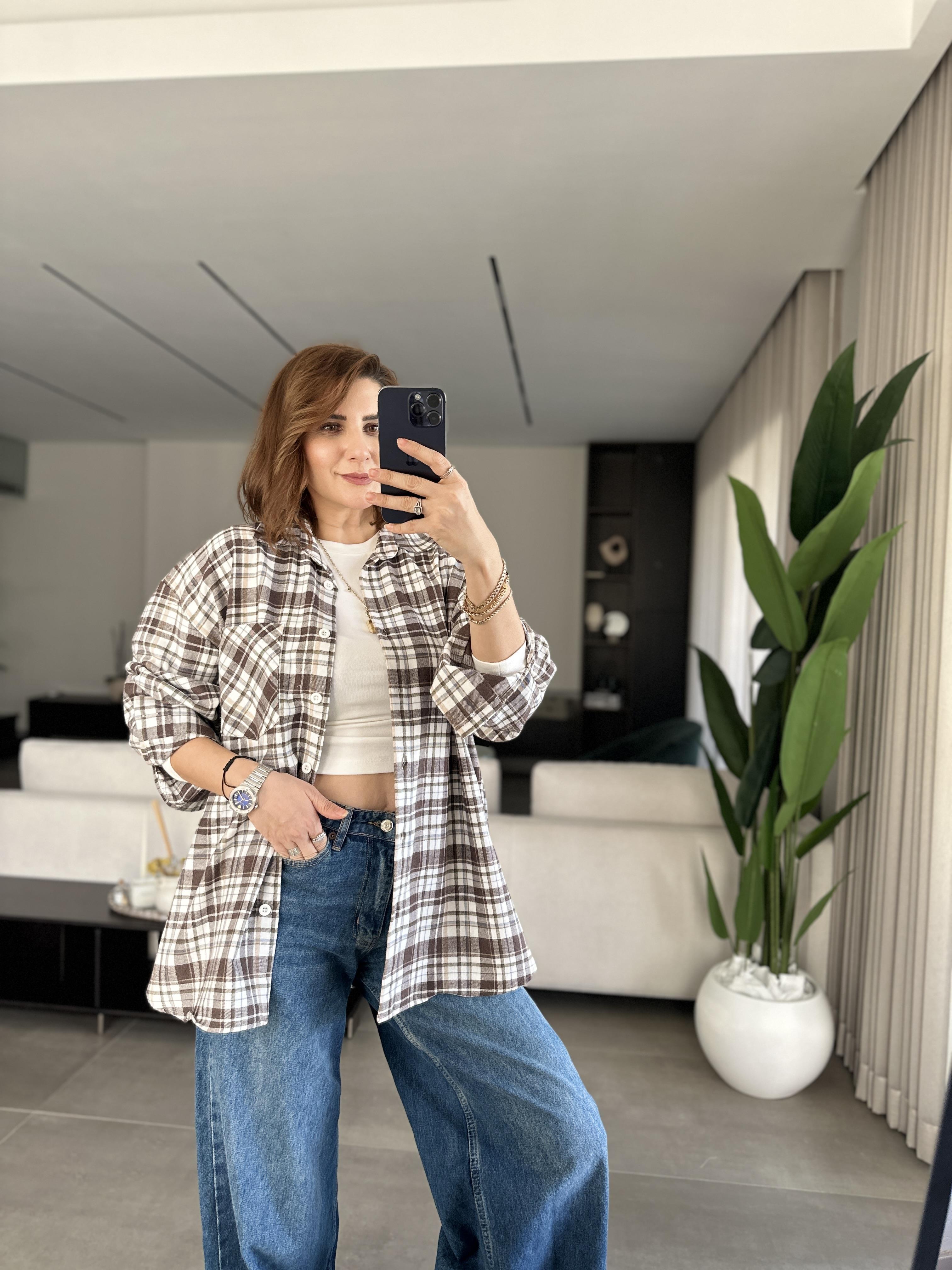 Bej Oversize Ekoseli Gömlek