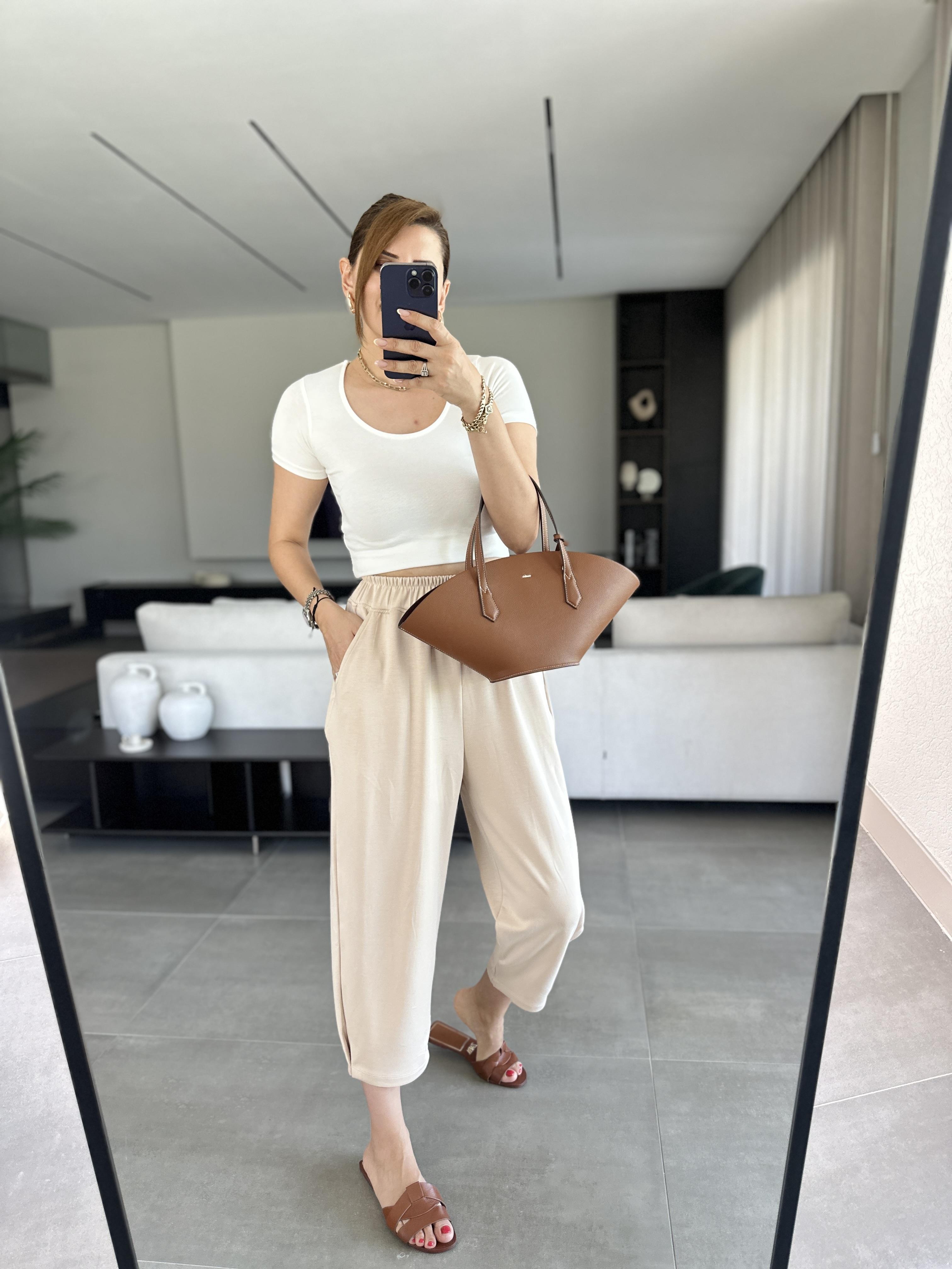 Bej Paça Tutturmalı Modal Pantolon