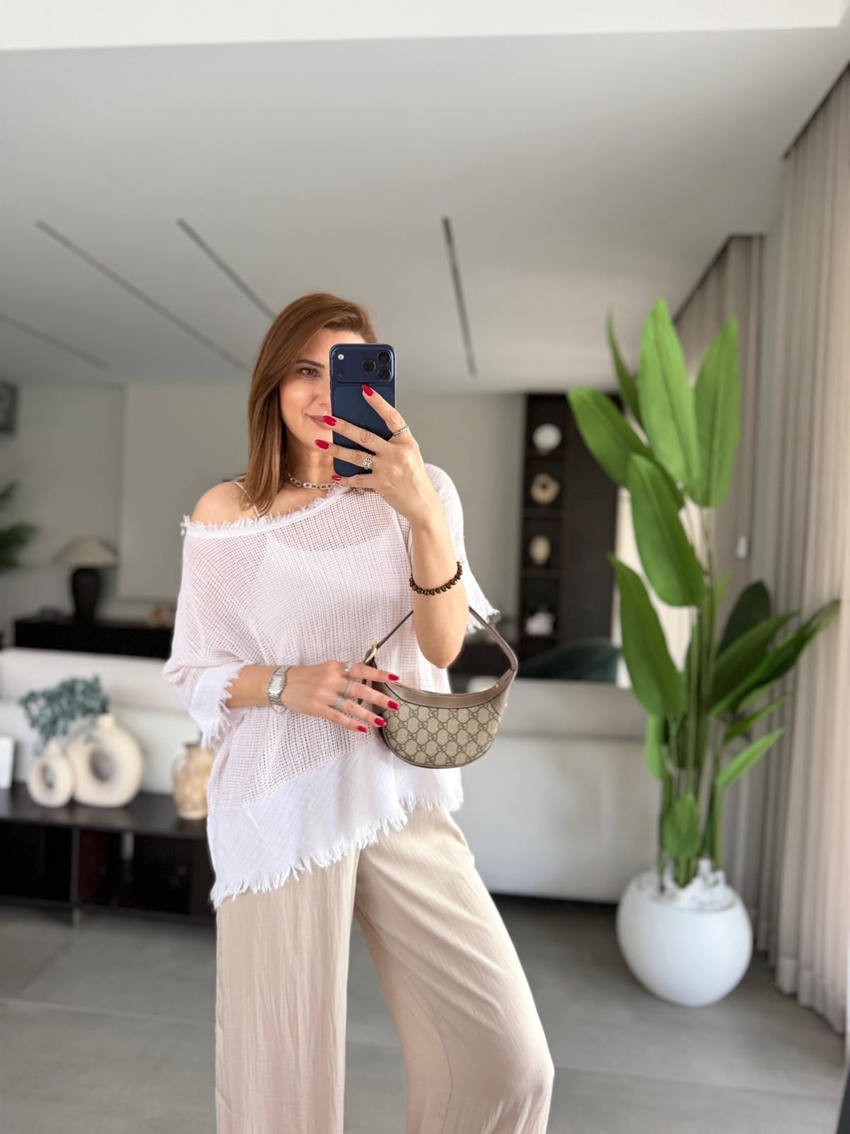 Bej Saçaklı File Bluz