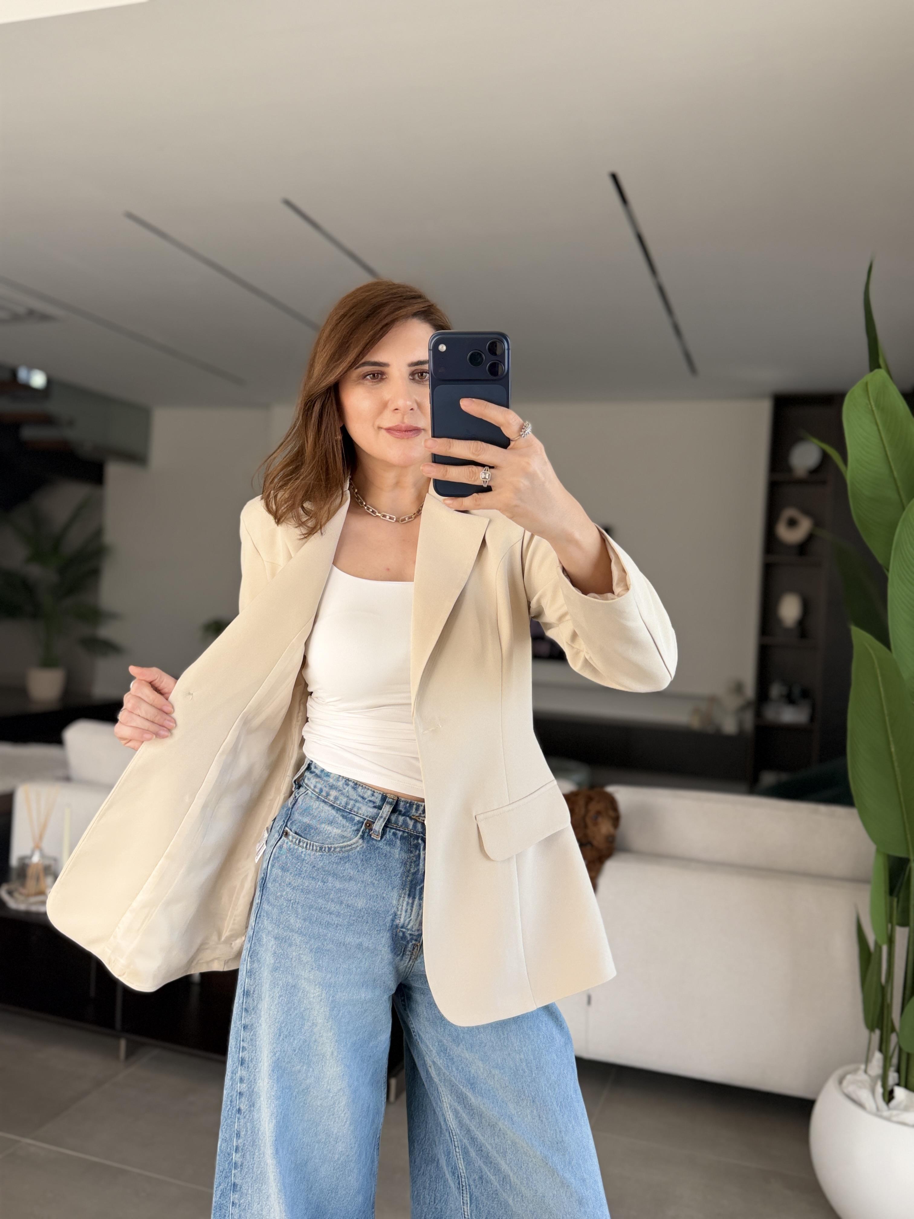 Bej Tek Düğme Hürrem Blazer Ceket