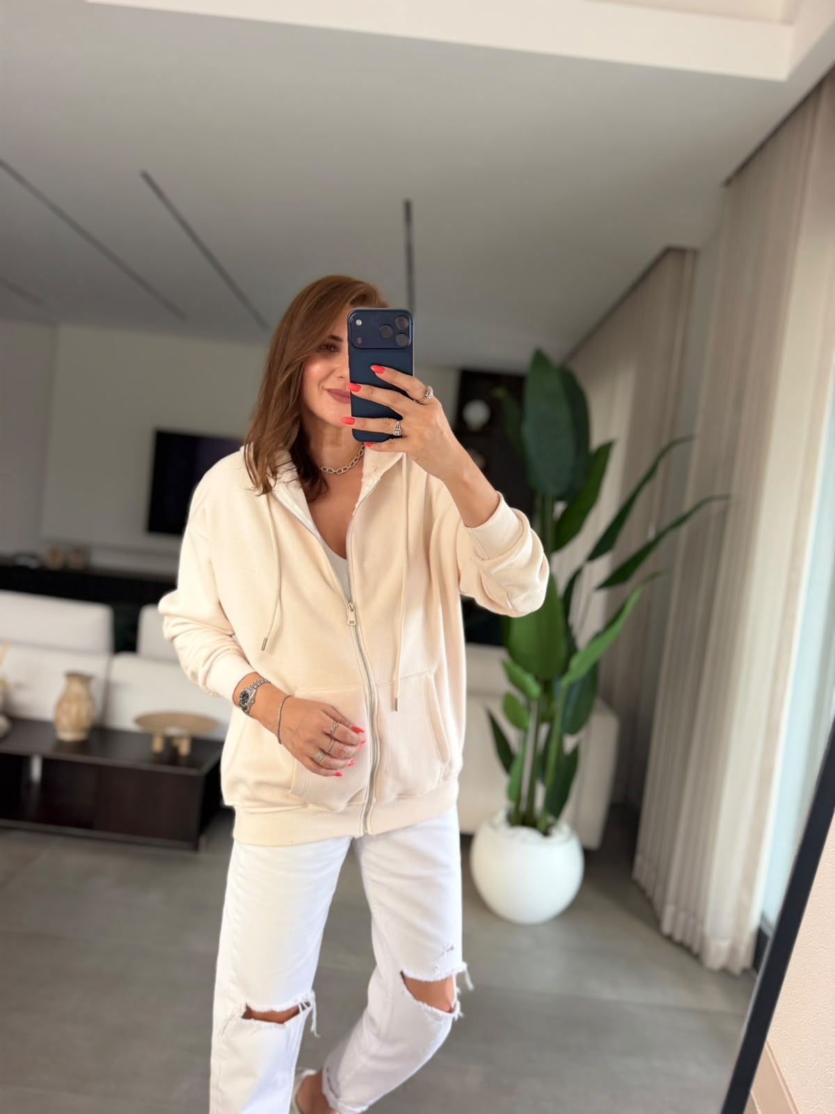 Bej Üç İplik Kapşonlu Oversize Ceket