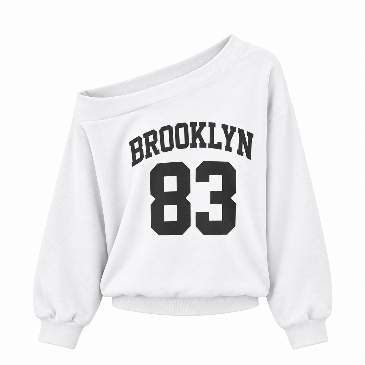 Beyaz Brooklyn Baskılı Kayık Yaka Sweatshırt