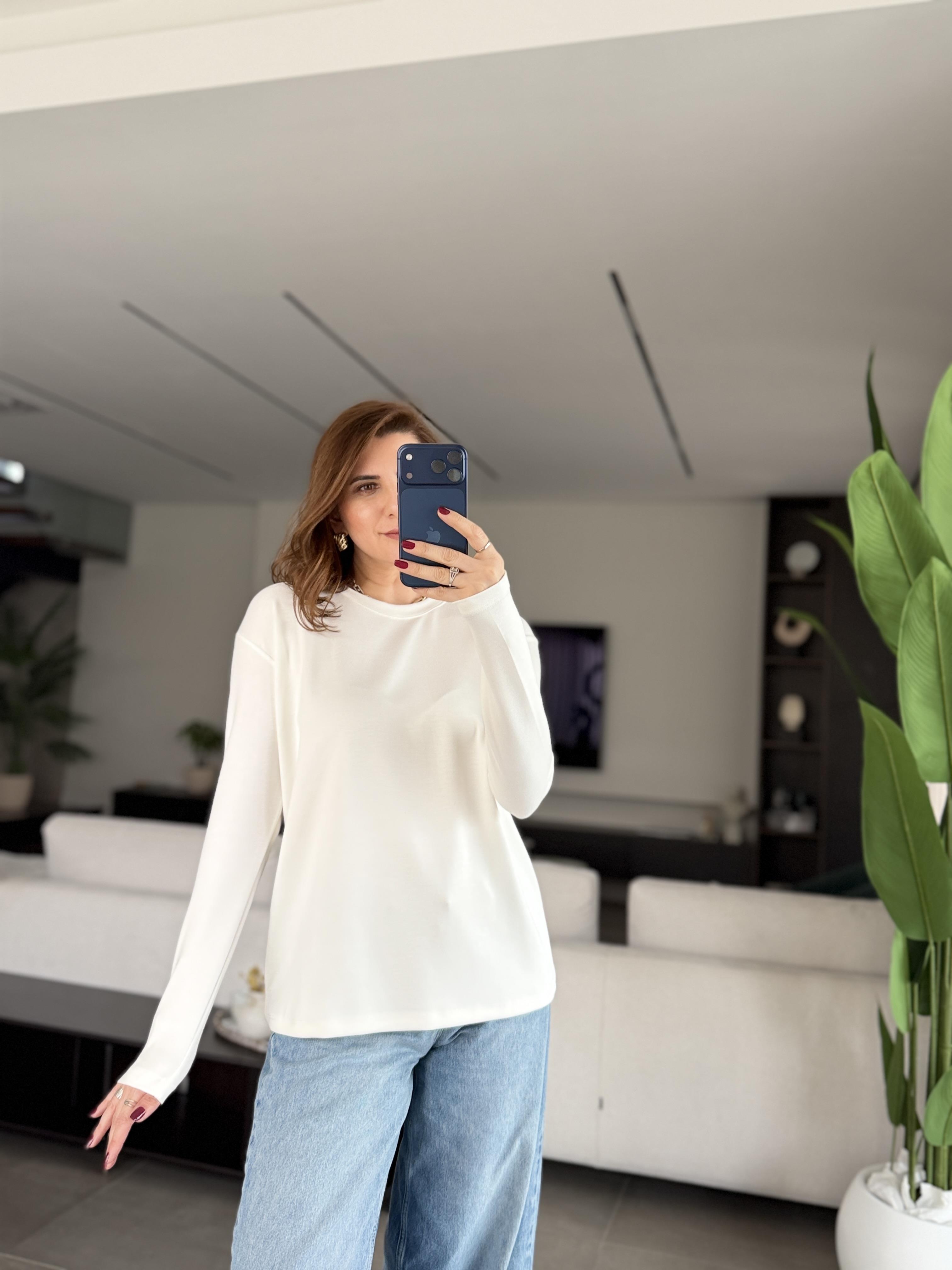 Beyaz Malta Bisiklet Yaka Basic Sweat