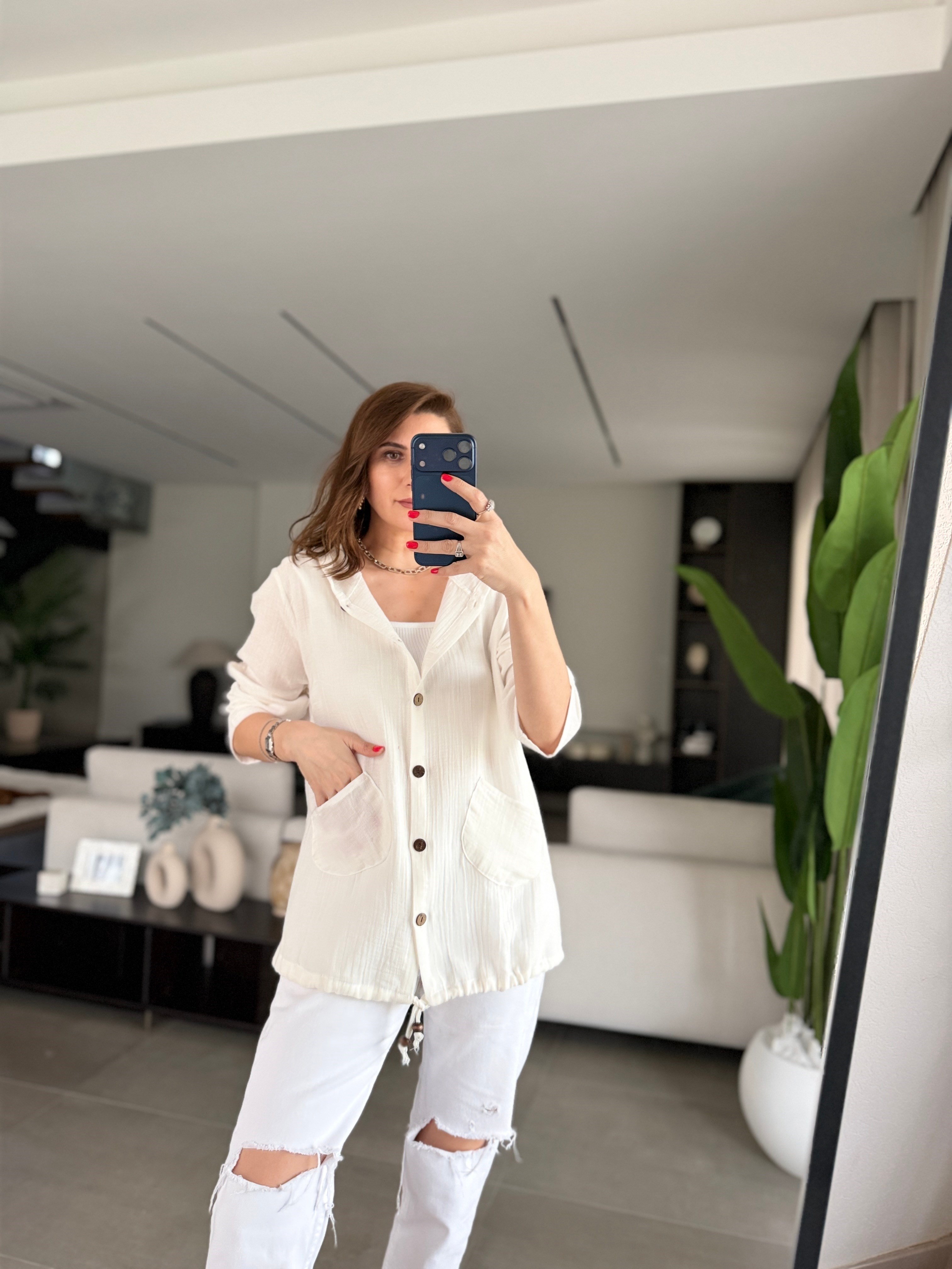 Beyaz Müslin Kapşonlu Ceket