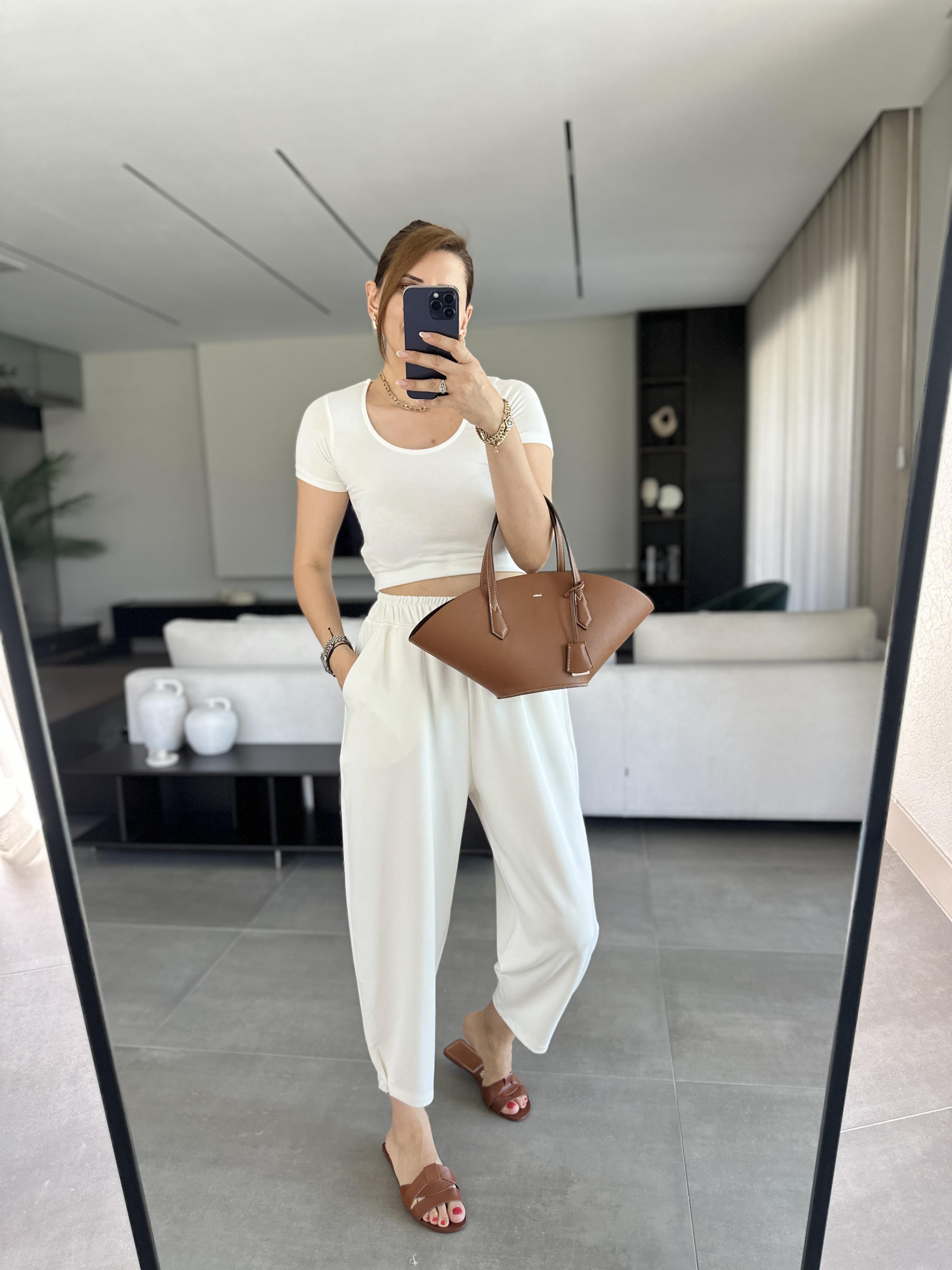 Beyaz Paça Tutturmalı Modal Pantolon