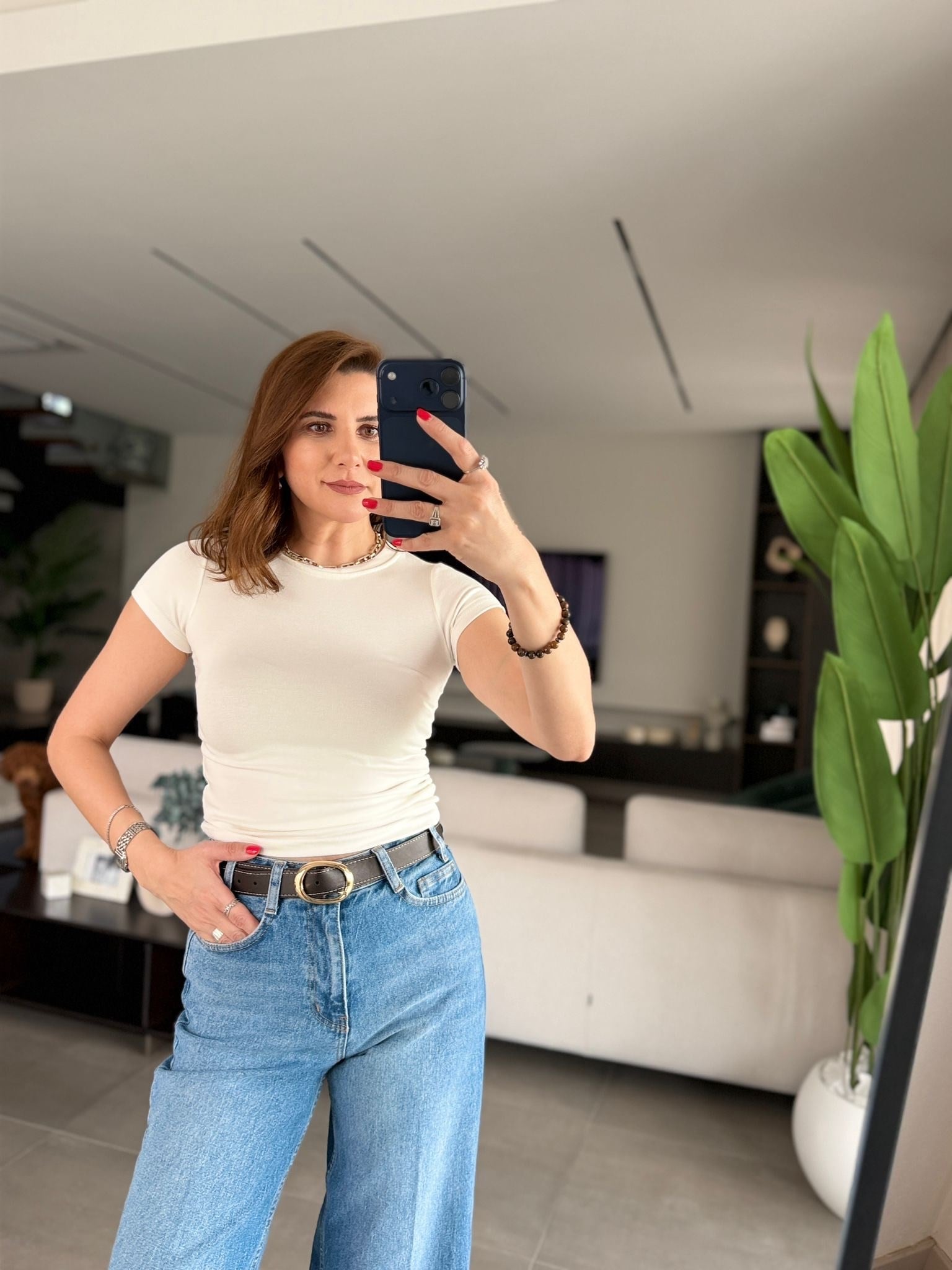 Beyaz Pera Bisiklet Yaka T-shirt