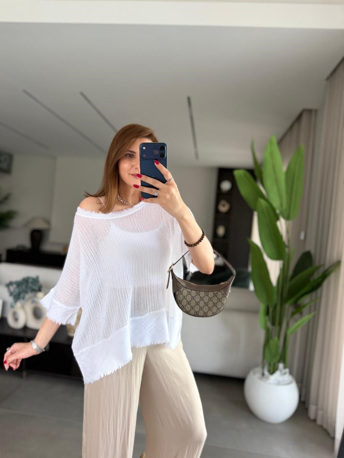 Beyaz Saçaklı File Bluz