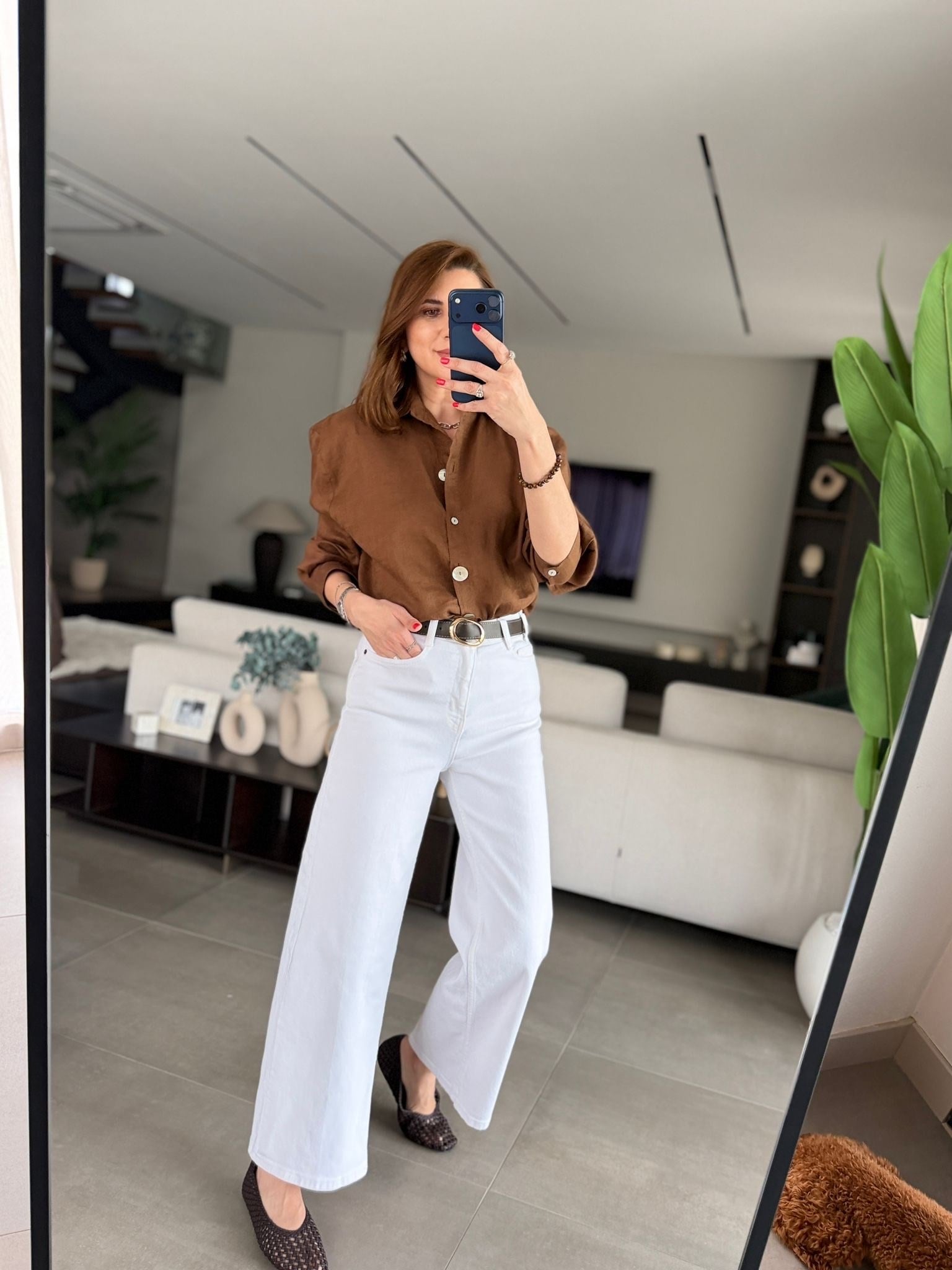 Beyaz Wideleg Kemerli Jean