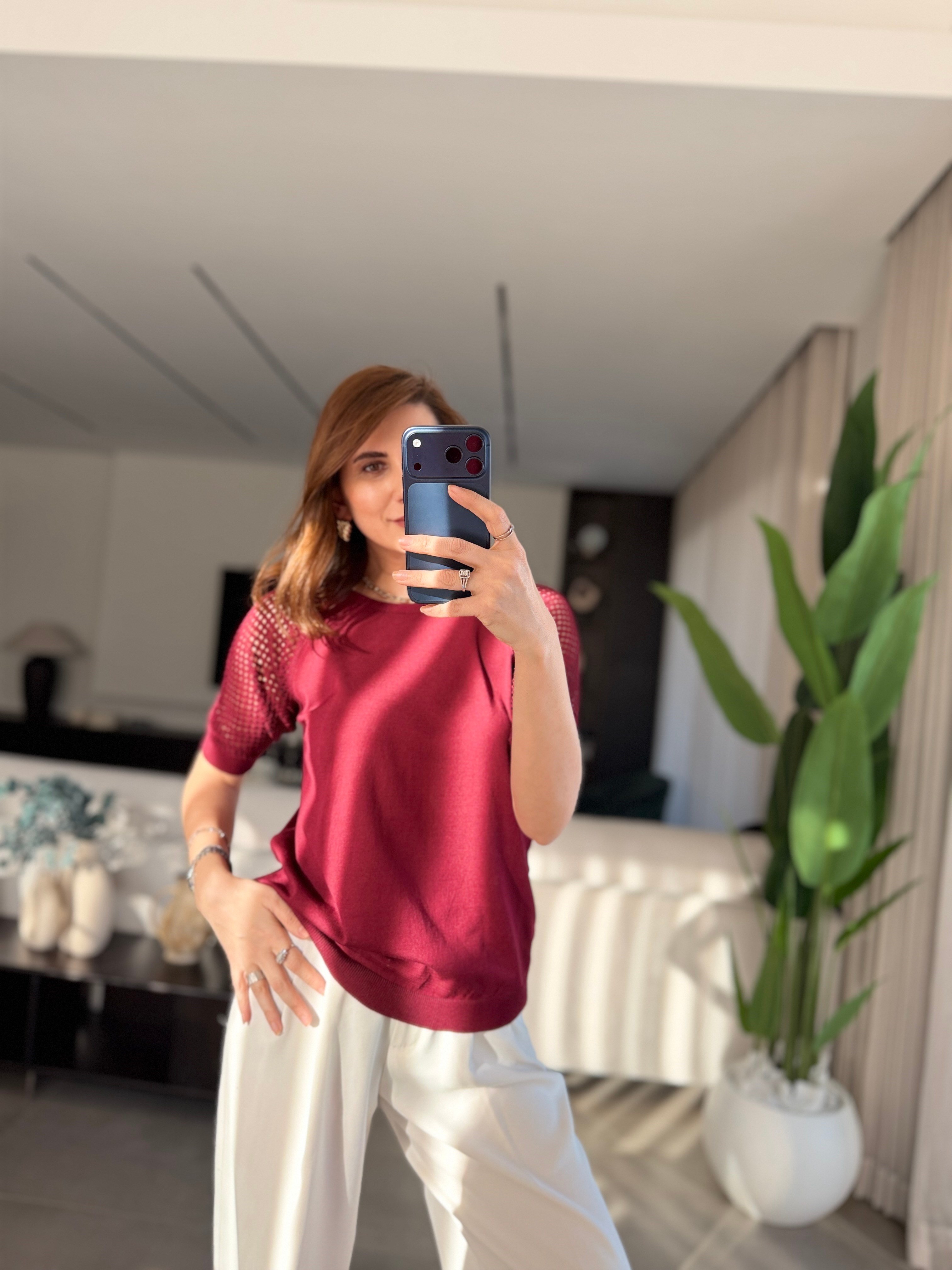 Bordo Ajurlu Kısa Kol Bluz