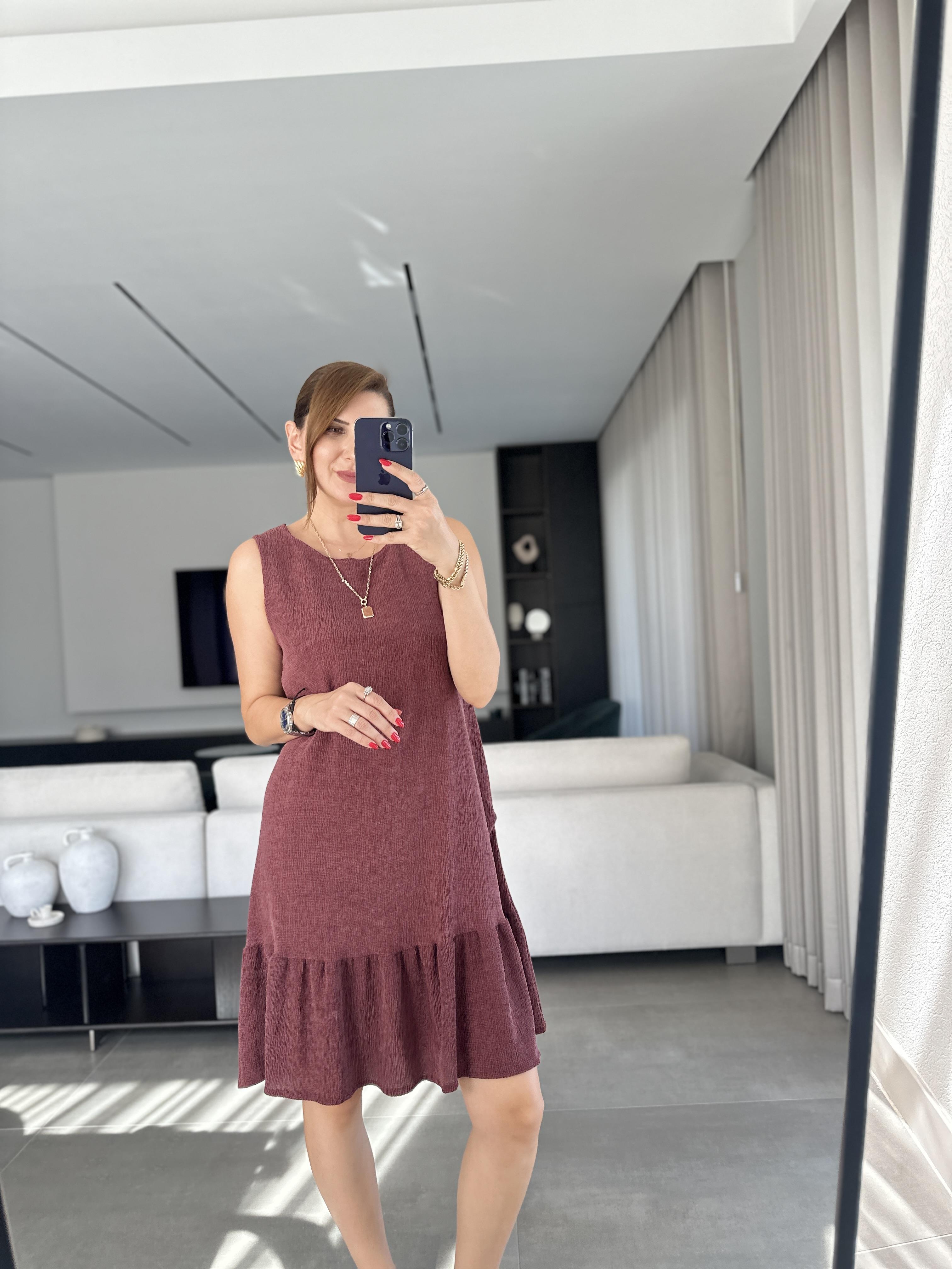 Bordo Altı Volanlı Bürümcük Elbise