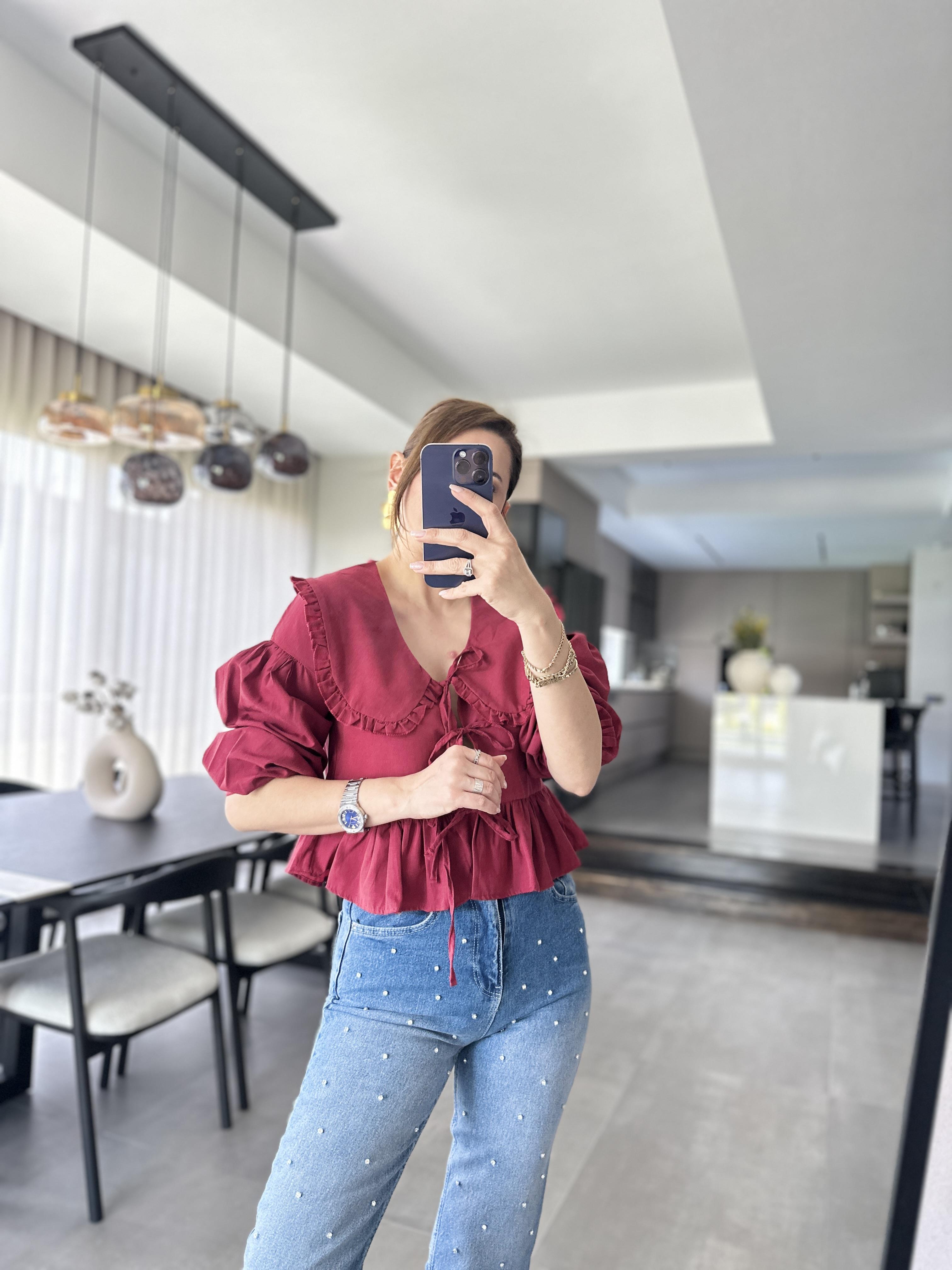 Bordo Apeldo Önü Bağlamalı Bluz