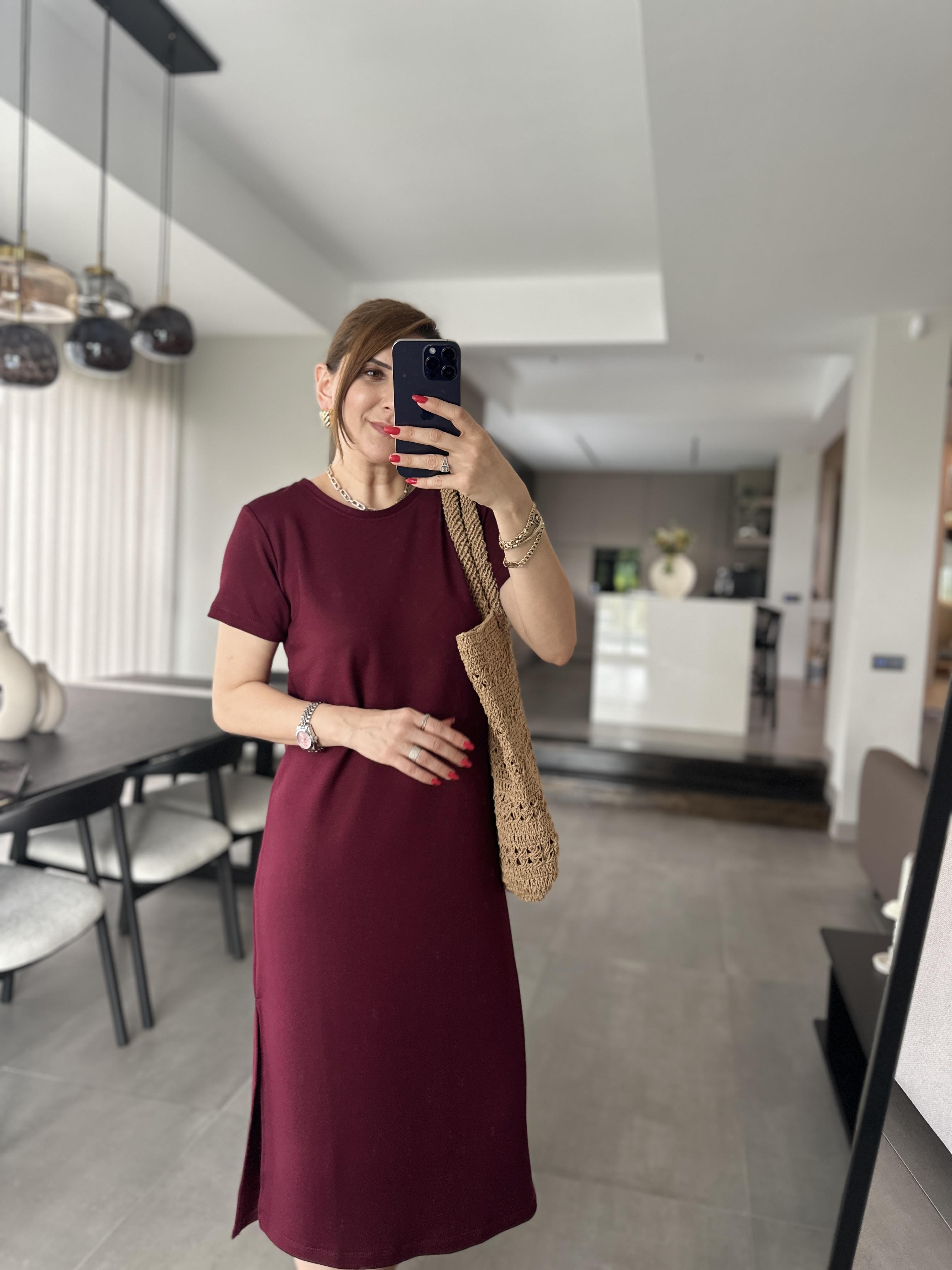 Bordo Basic Kısa Kollu Elbise