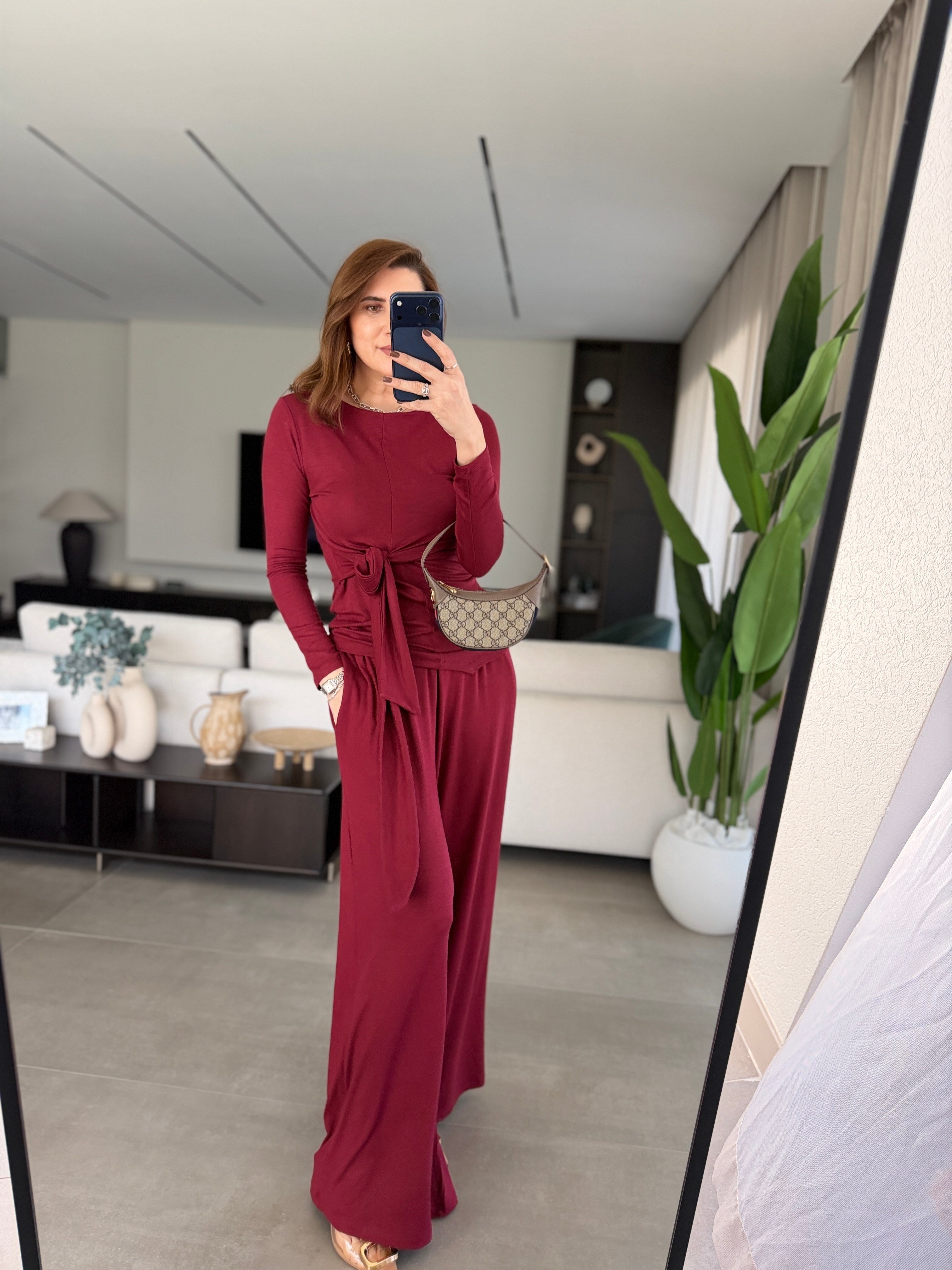 Bordo Bel Bağlamalı Pantolon Takım