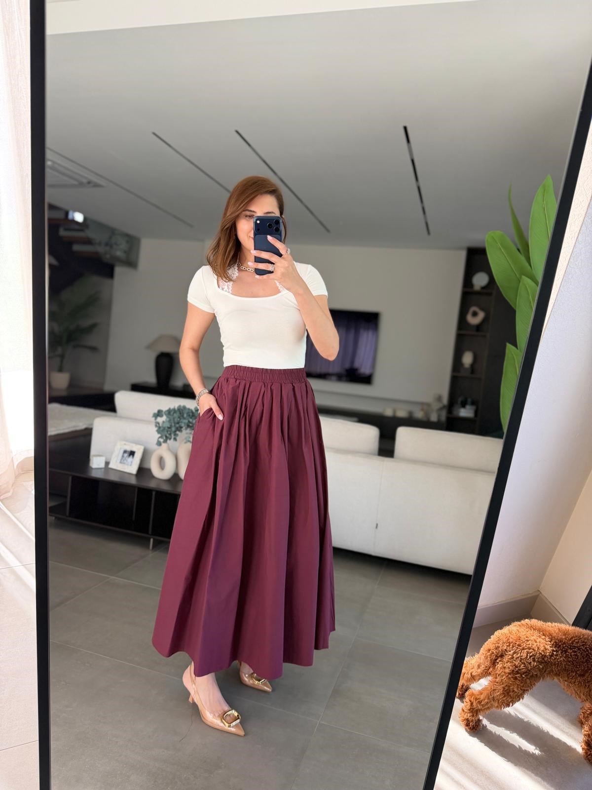 Bordo Bel Lastikli Midi Boy Çan Etek