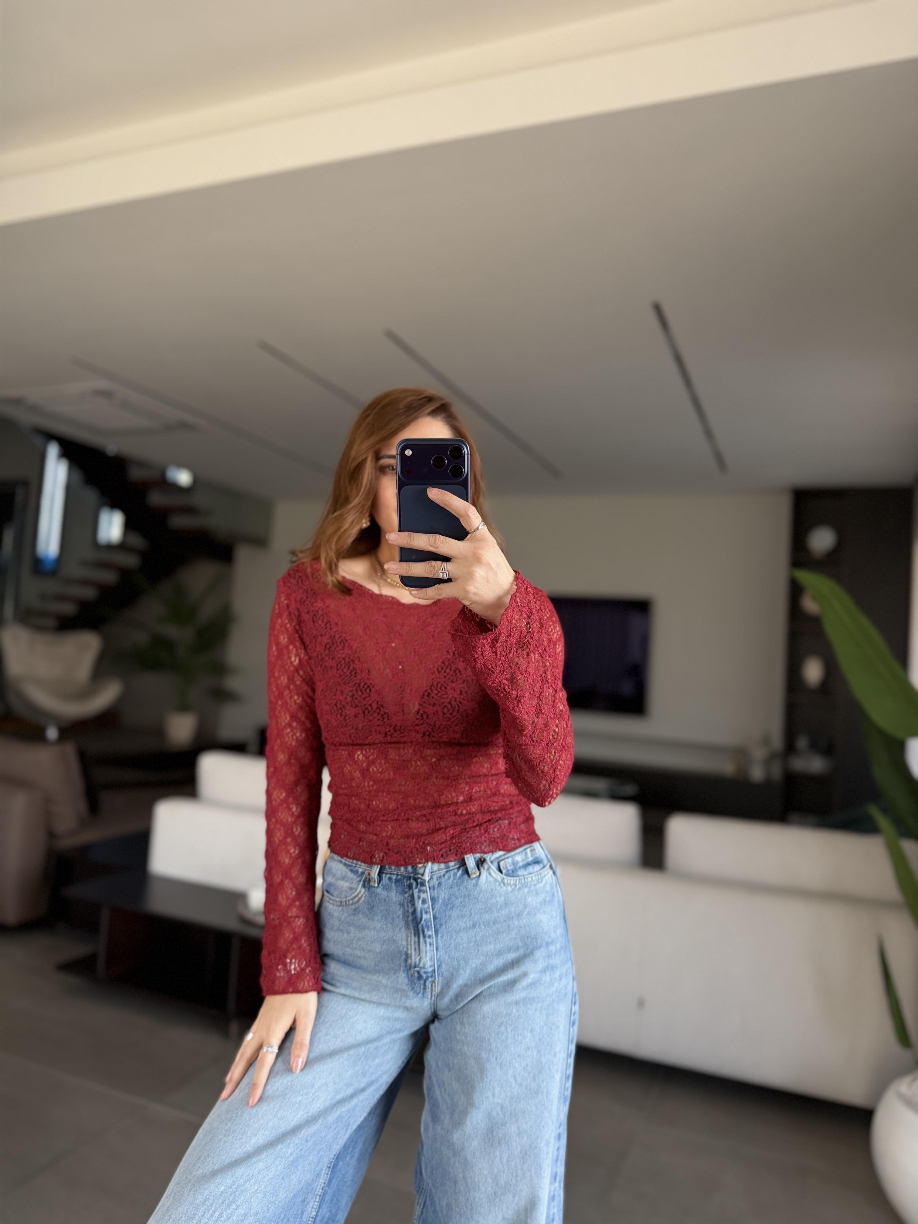 Bordo Bisiklet Yaka Dantel Bluz