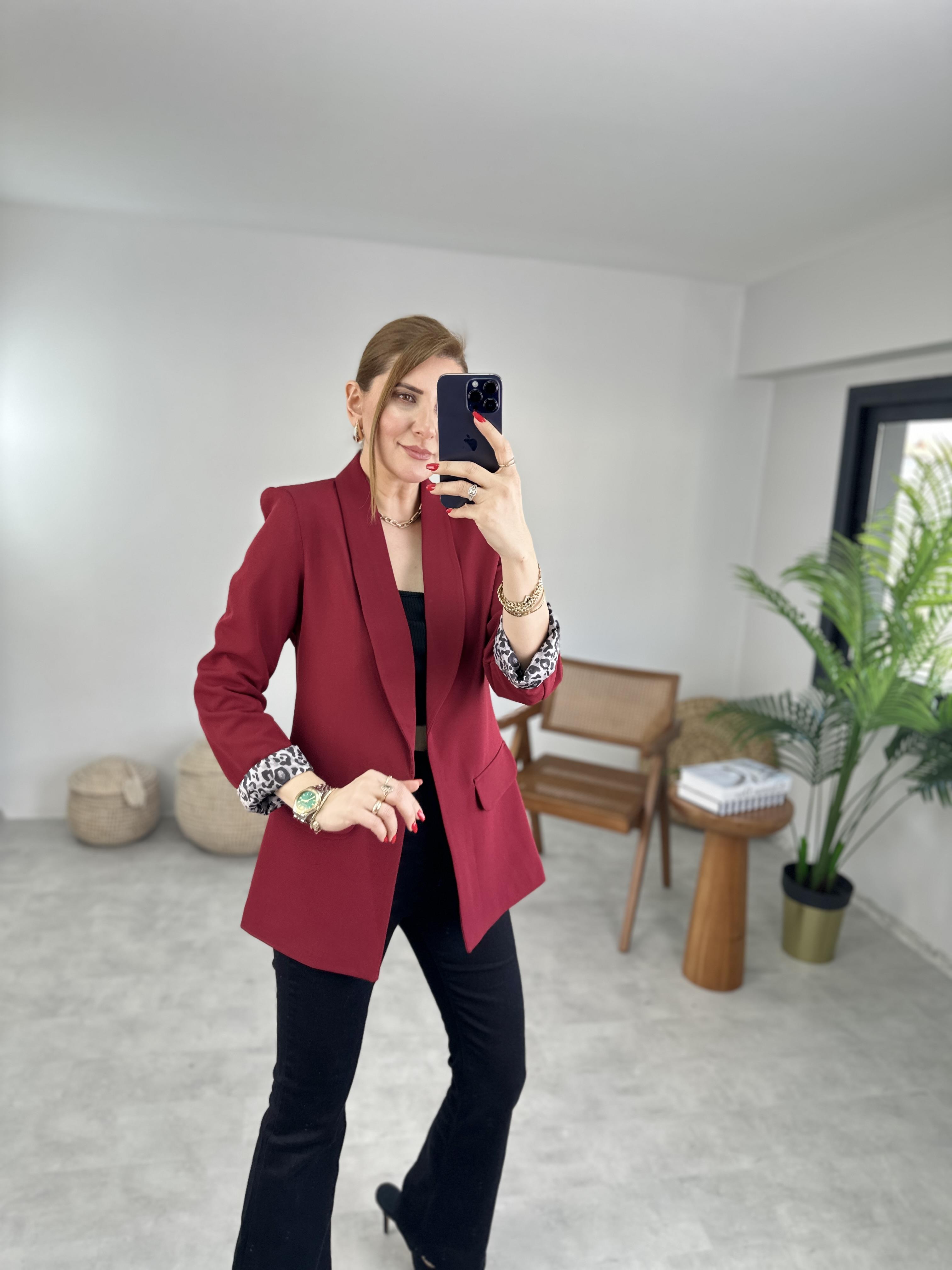 Bordo Büyük Beden İçi Leopar Astarlı Blazer Ceket