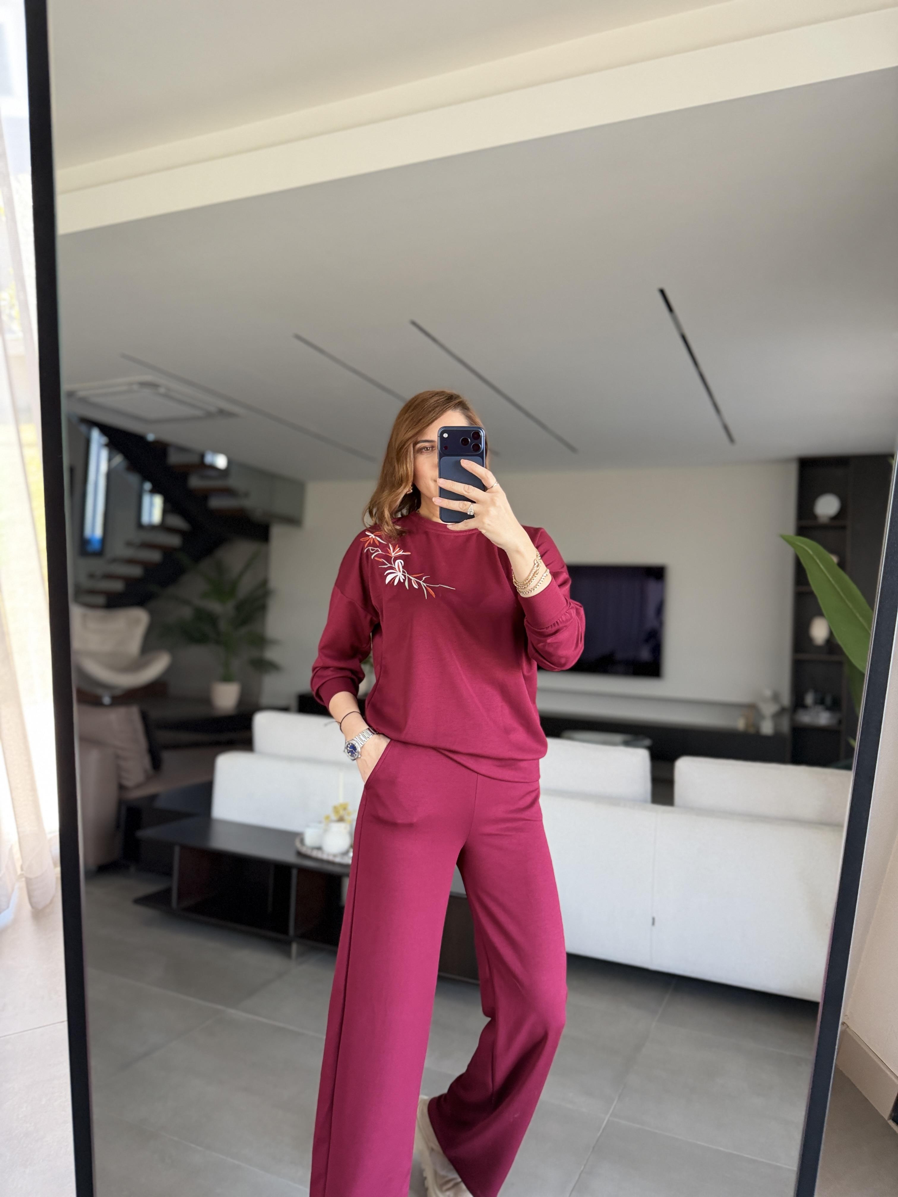 Bordo Çiçek Nakışlı Takım