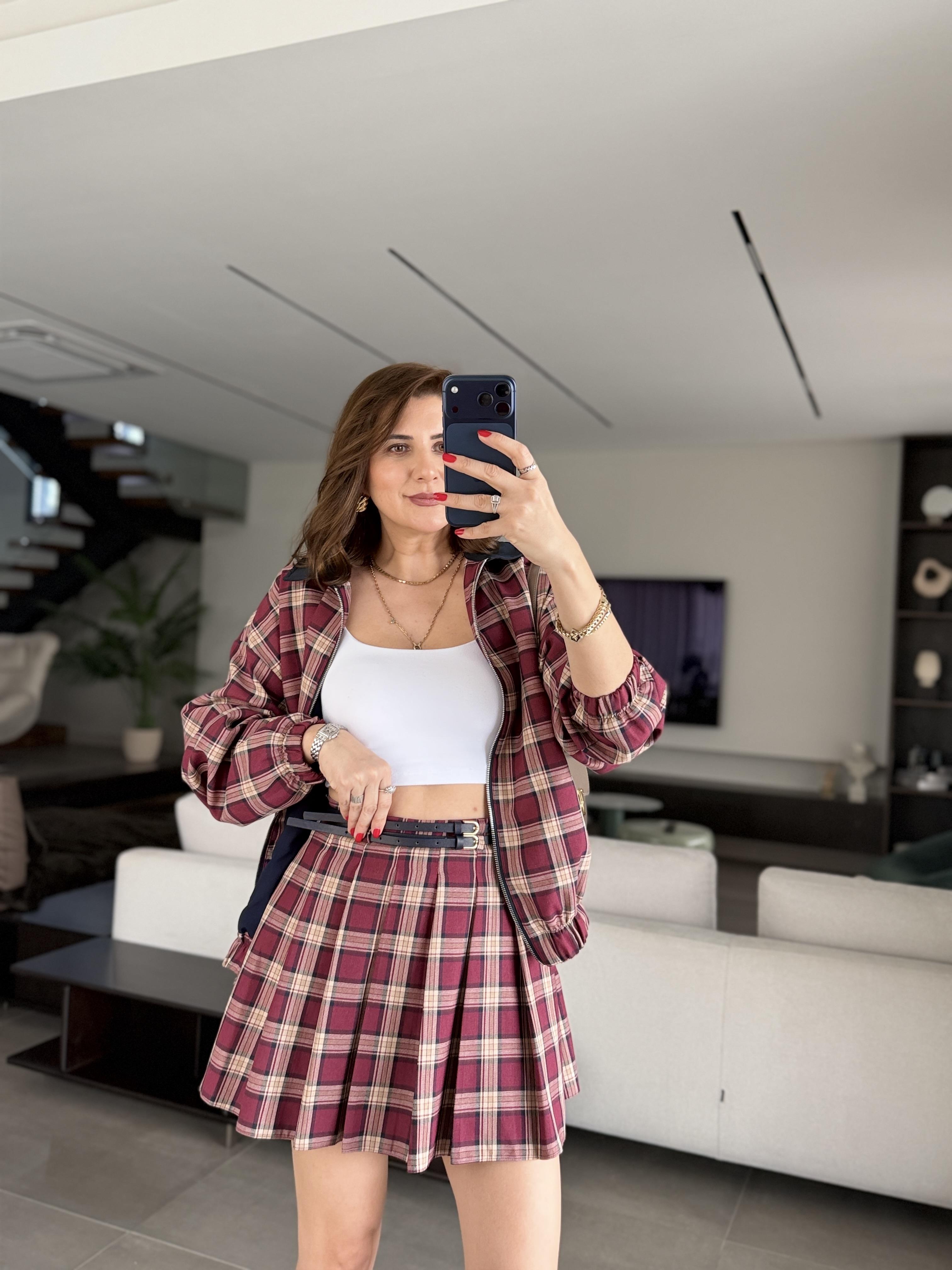 Bordo Çift Kemerli Pileli Etek