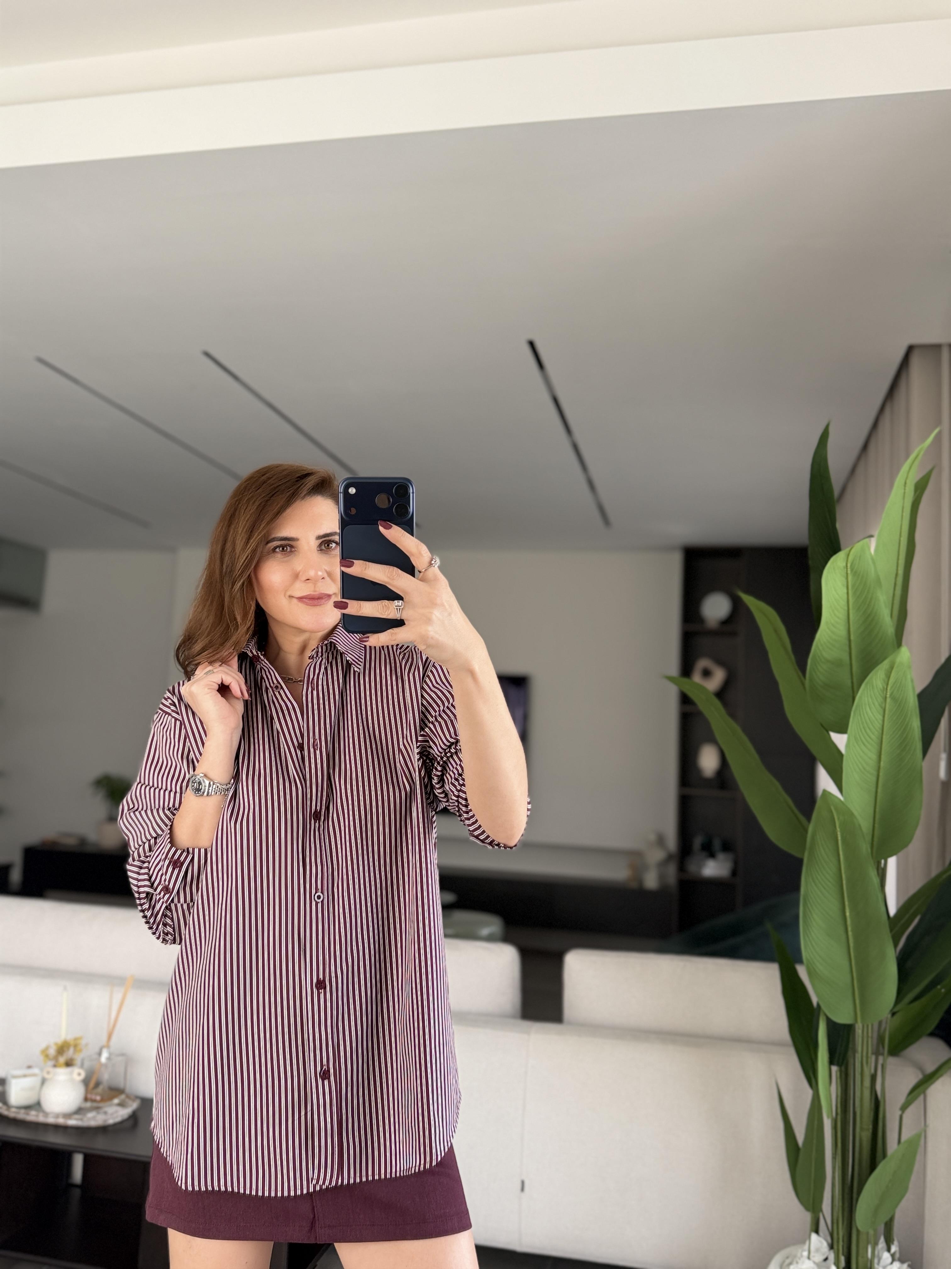 Bordo Çizgili Oversize Gömlek